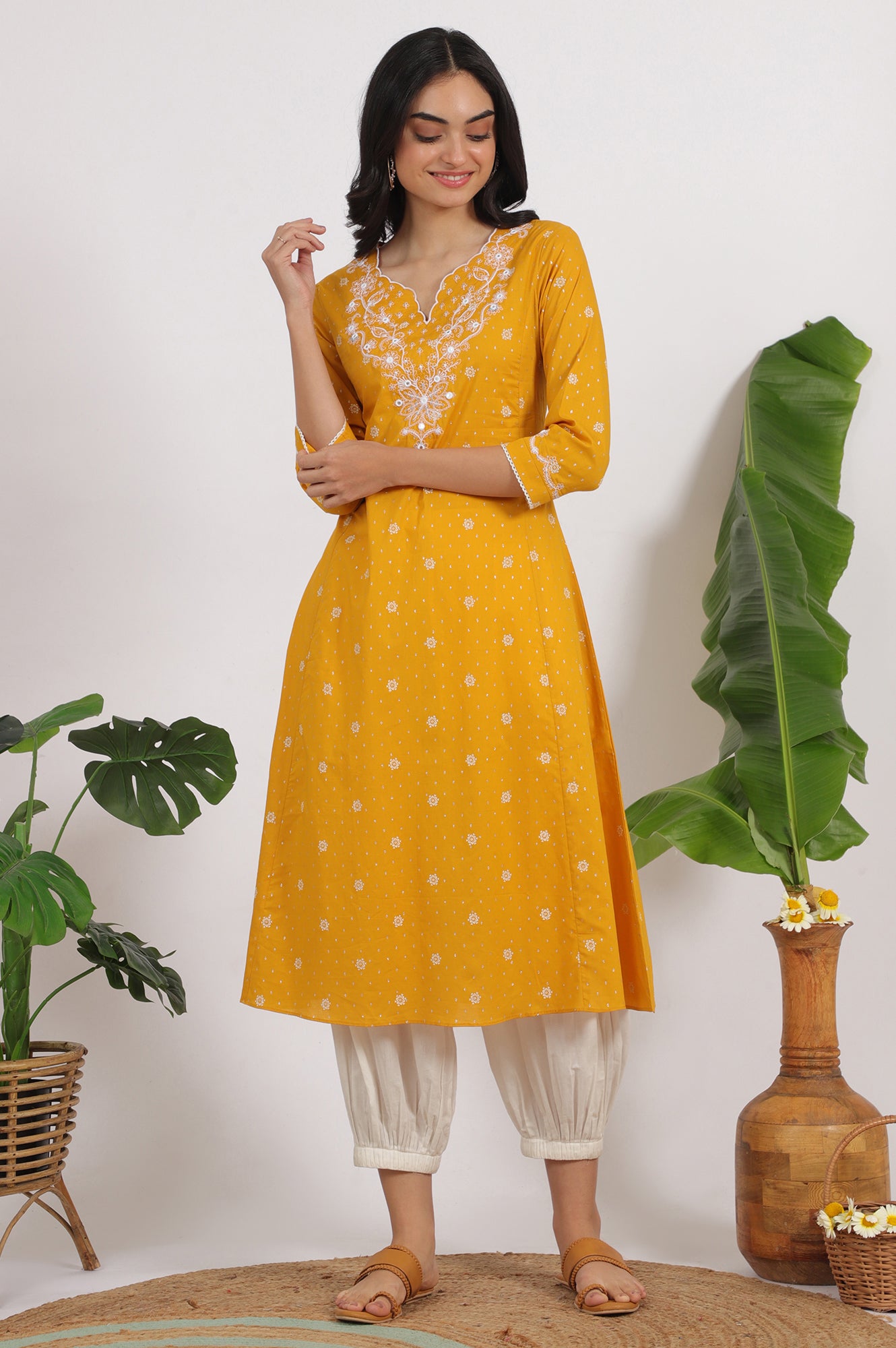 Marigold Yellow Printed Cotton Lurex Dobby Flared Kurta with Embroidered Yoke