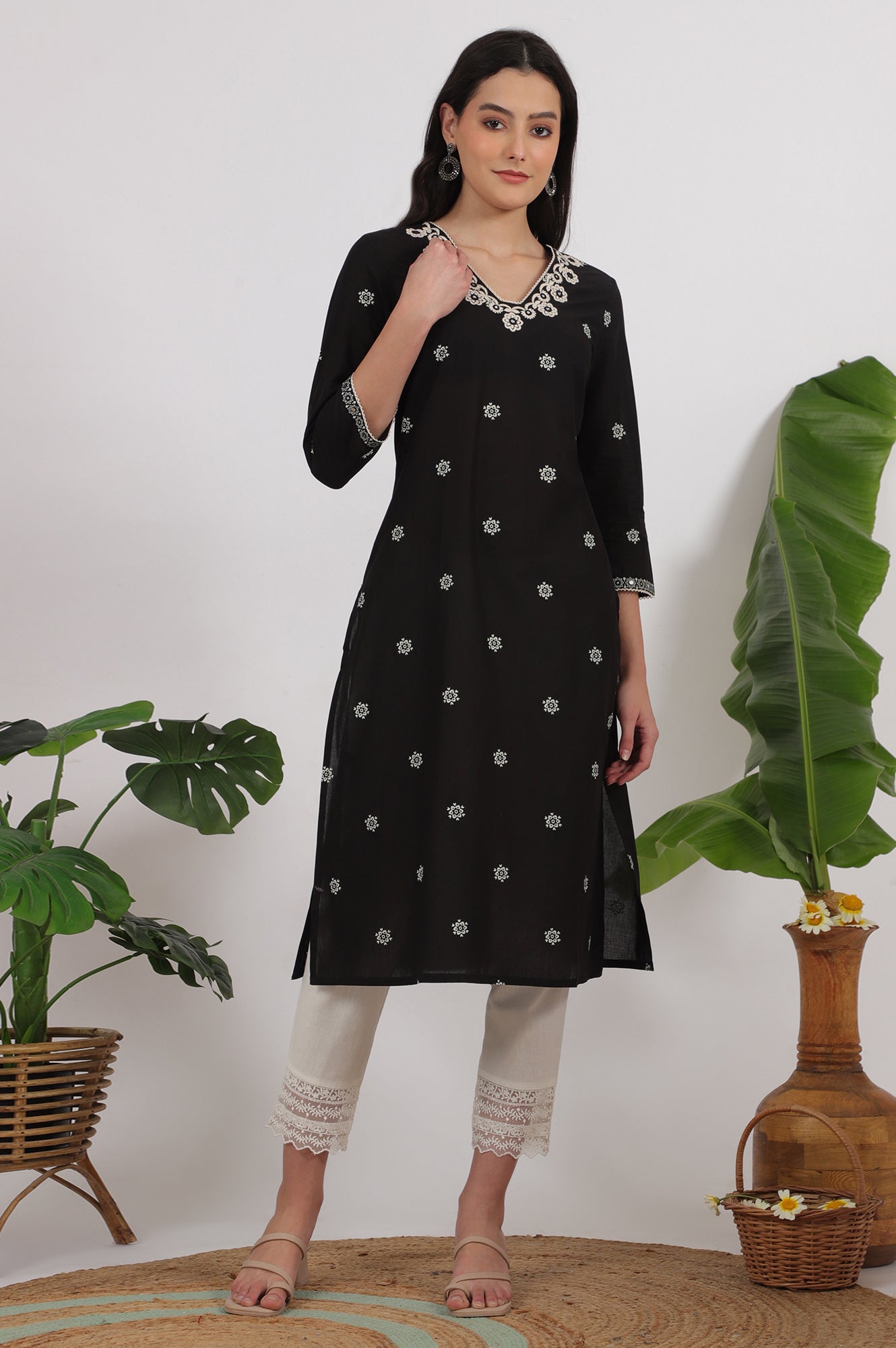 Black Bandhani Printed Pure Cotton Straight Kurta