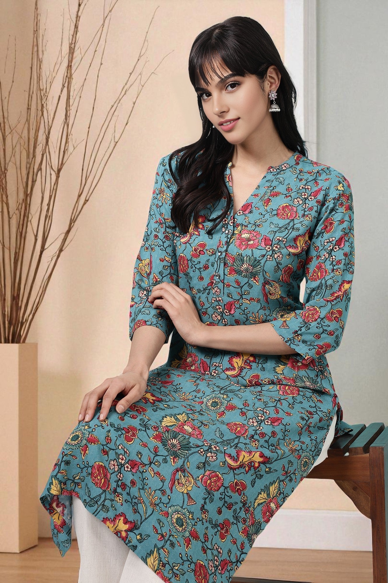 Teal Blue Floral Printed Straight Kurta