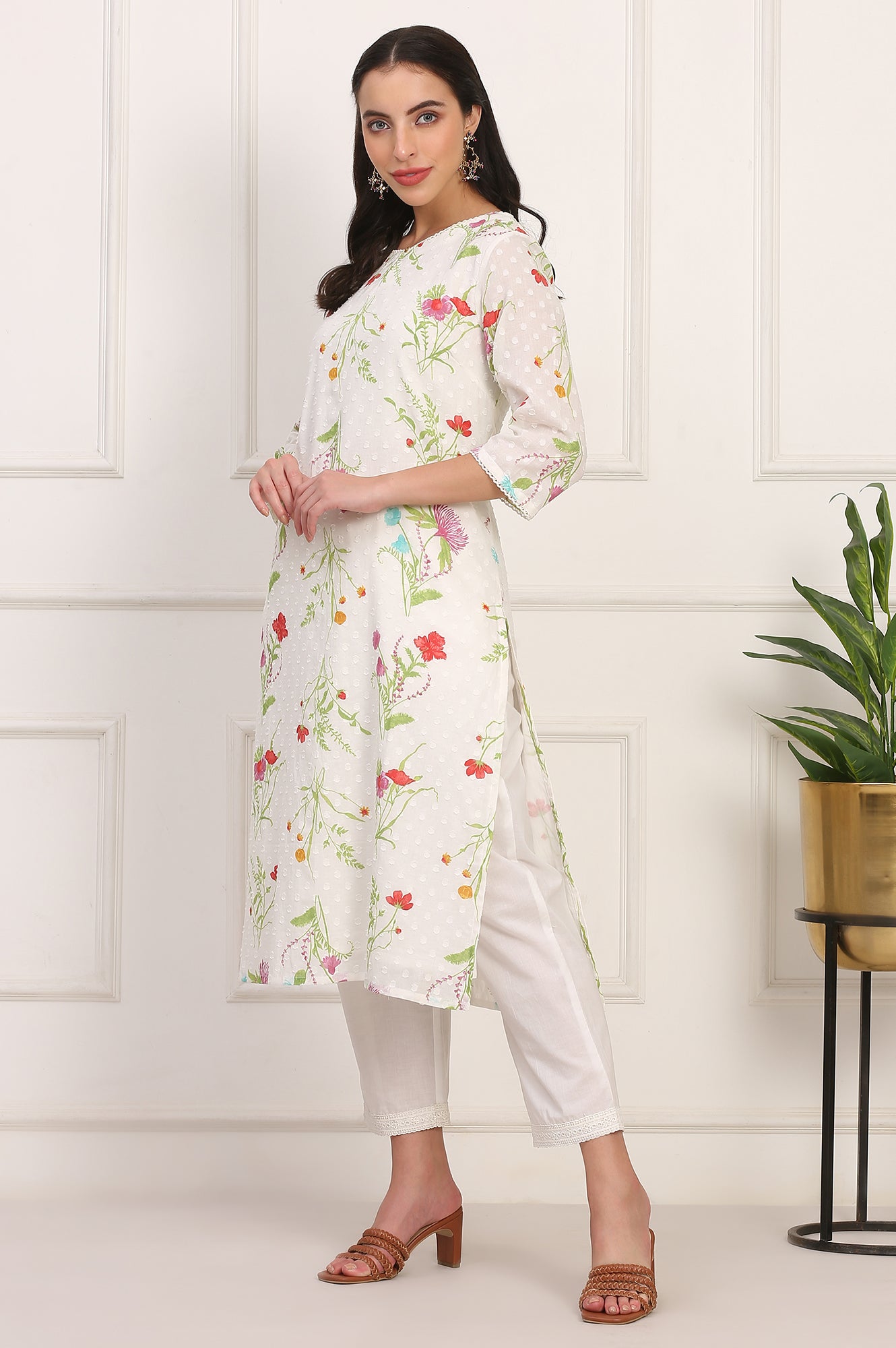 Ecru Floral Printed Straight Pure Cotton Kurta