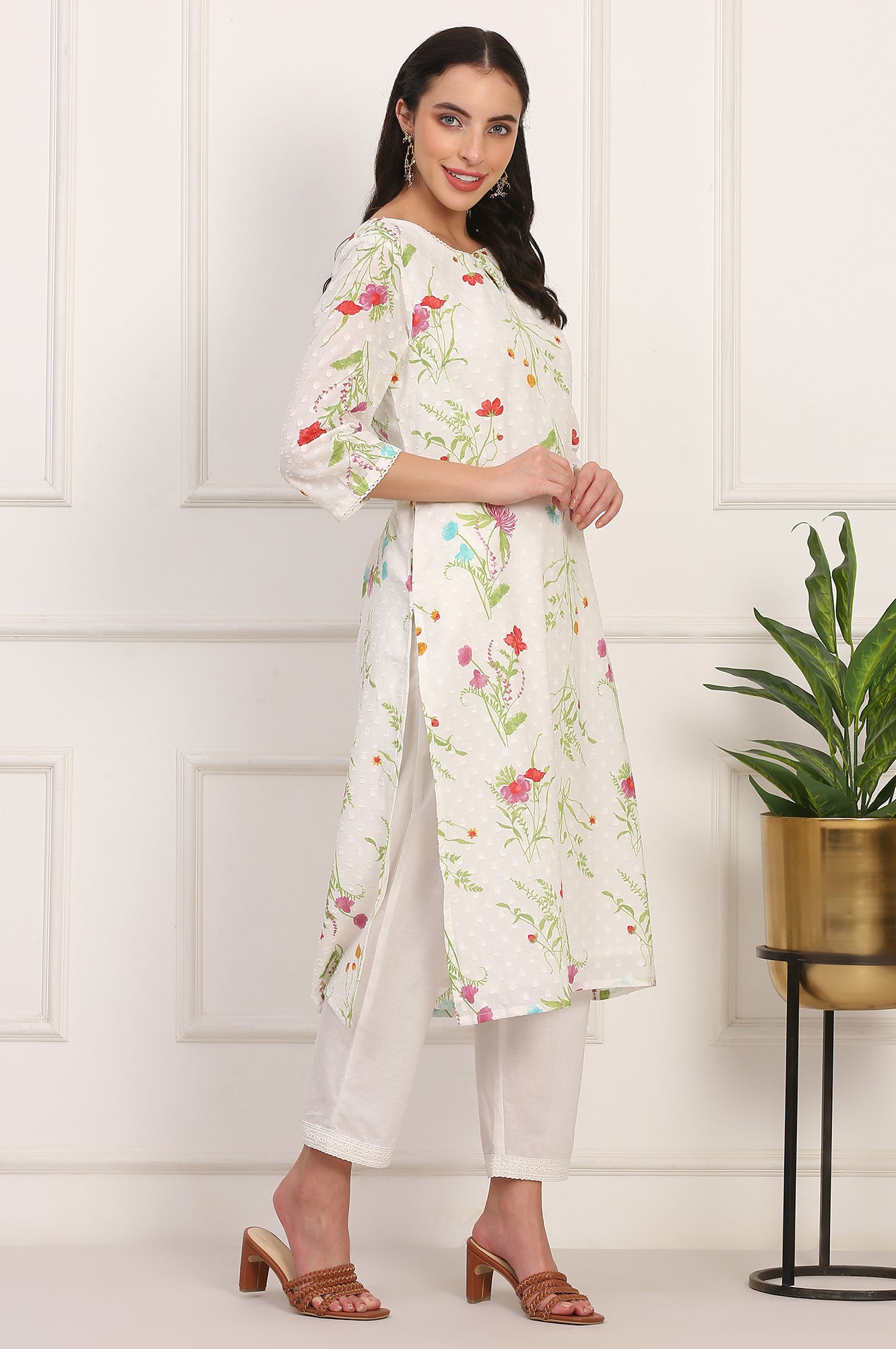 Ecru Floral Printed Straight Pure Cotton Kurta