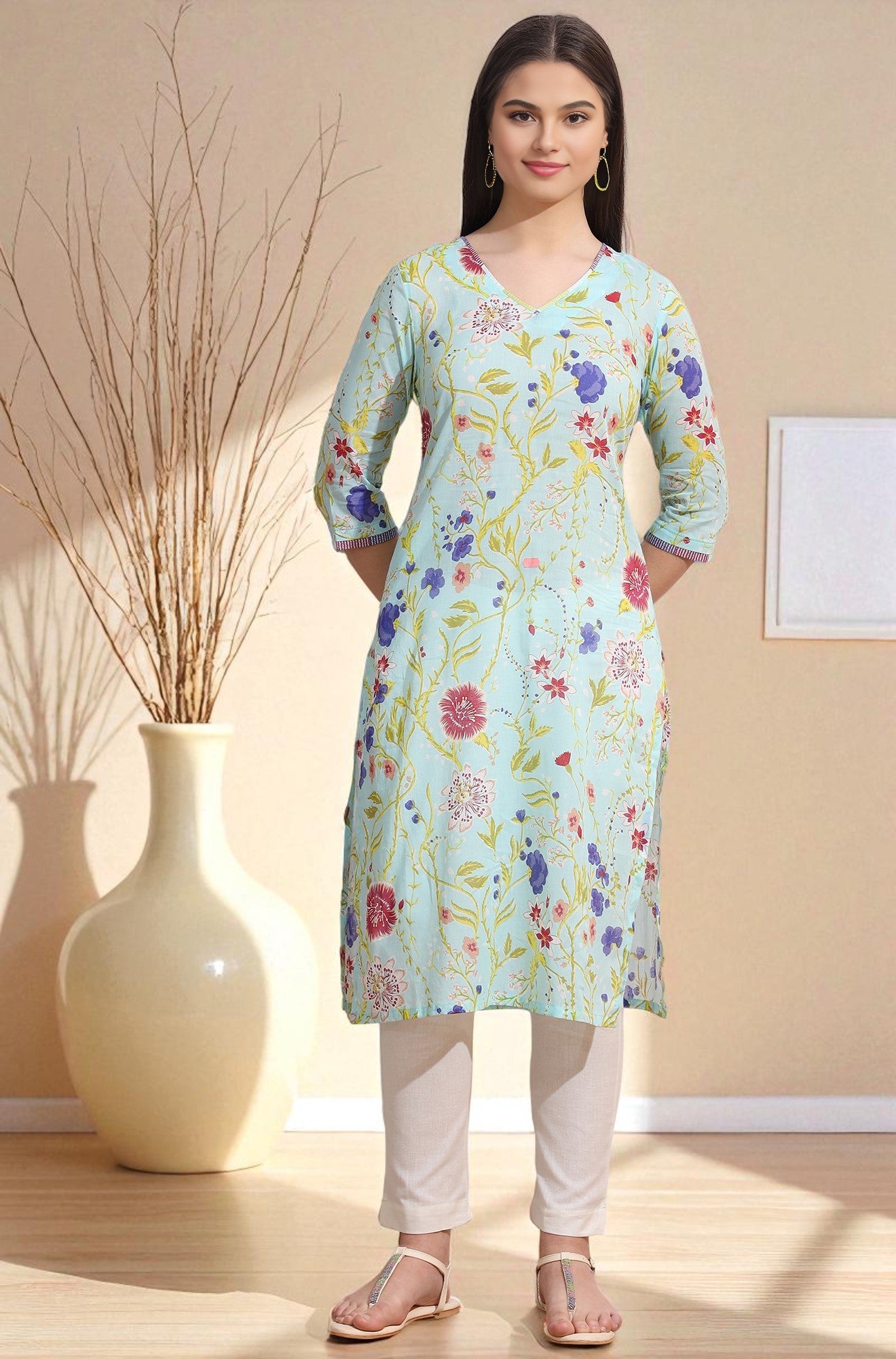 Light Blue Floral Printed Pure Cotton Straight Kurta