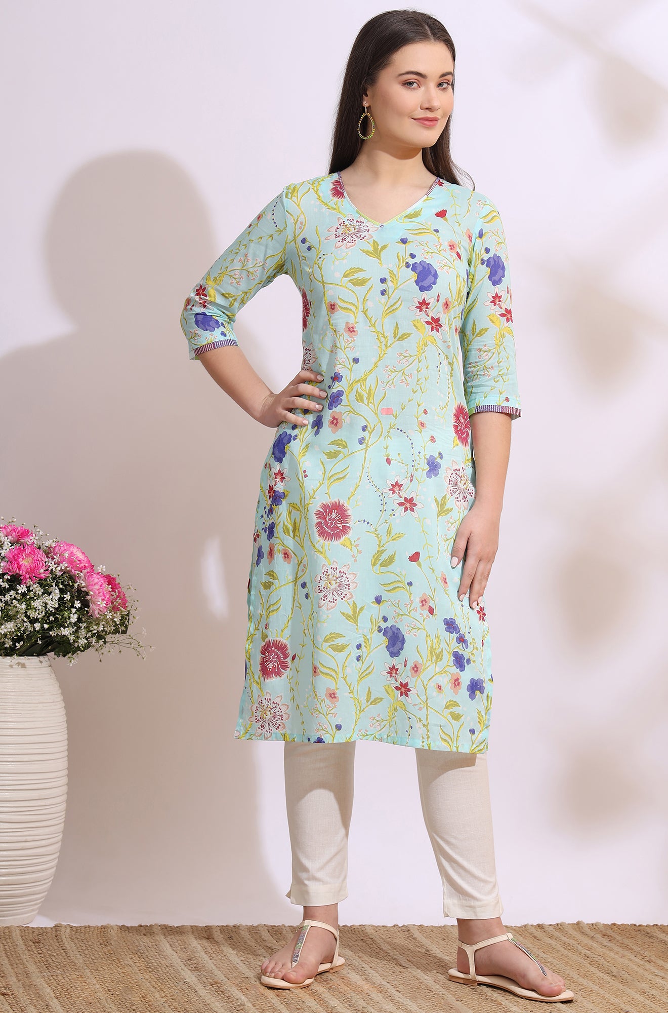 Light Blue Floral Printed Pure Cotton Straight Kurta