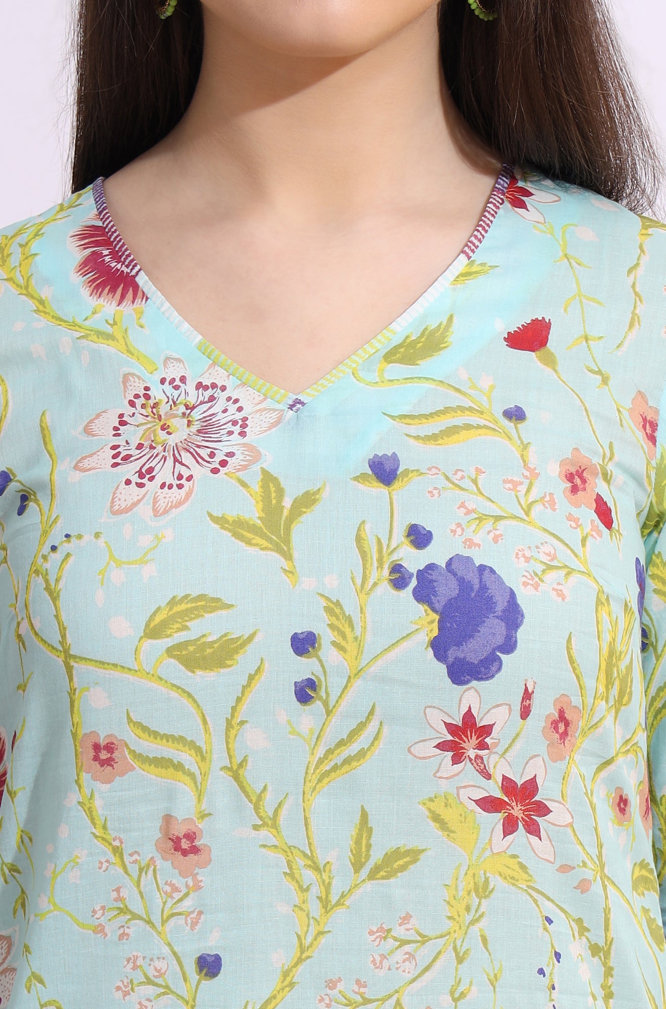 Light Blue Floral Printed Pure Cotton Straight Kurta