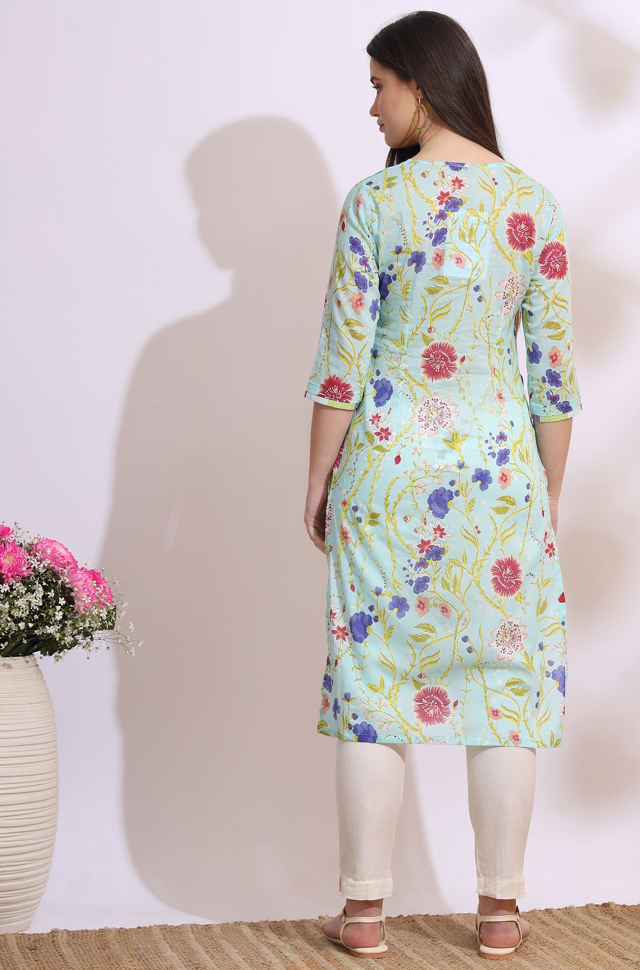 Light Blue Floral Printed Pure Cotton Straight Kurta