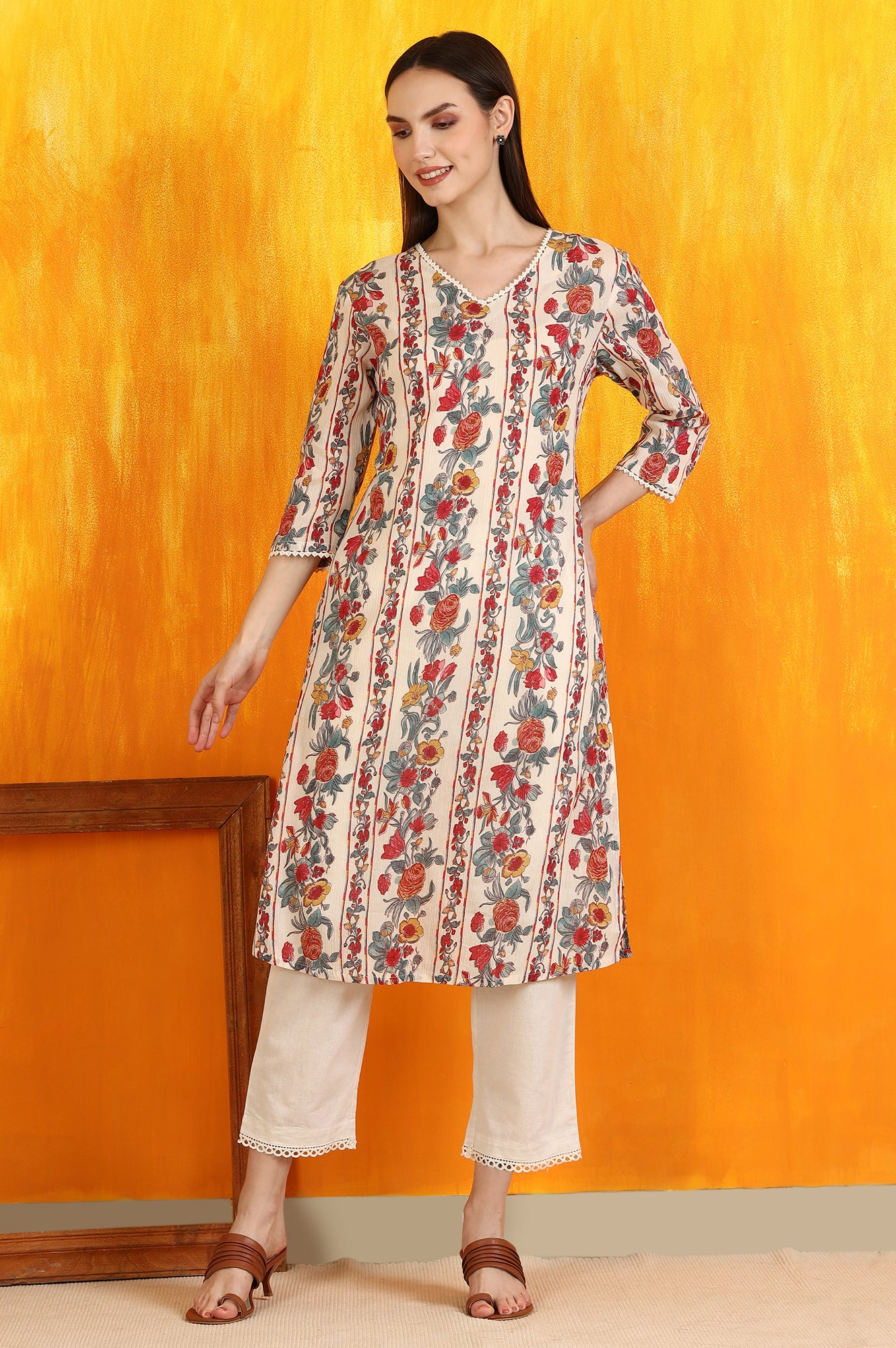 Off-White Floral Printed Pure Cotton Crepe Straight Kurta with Lace
