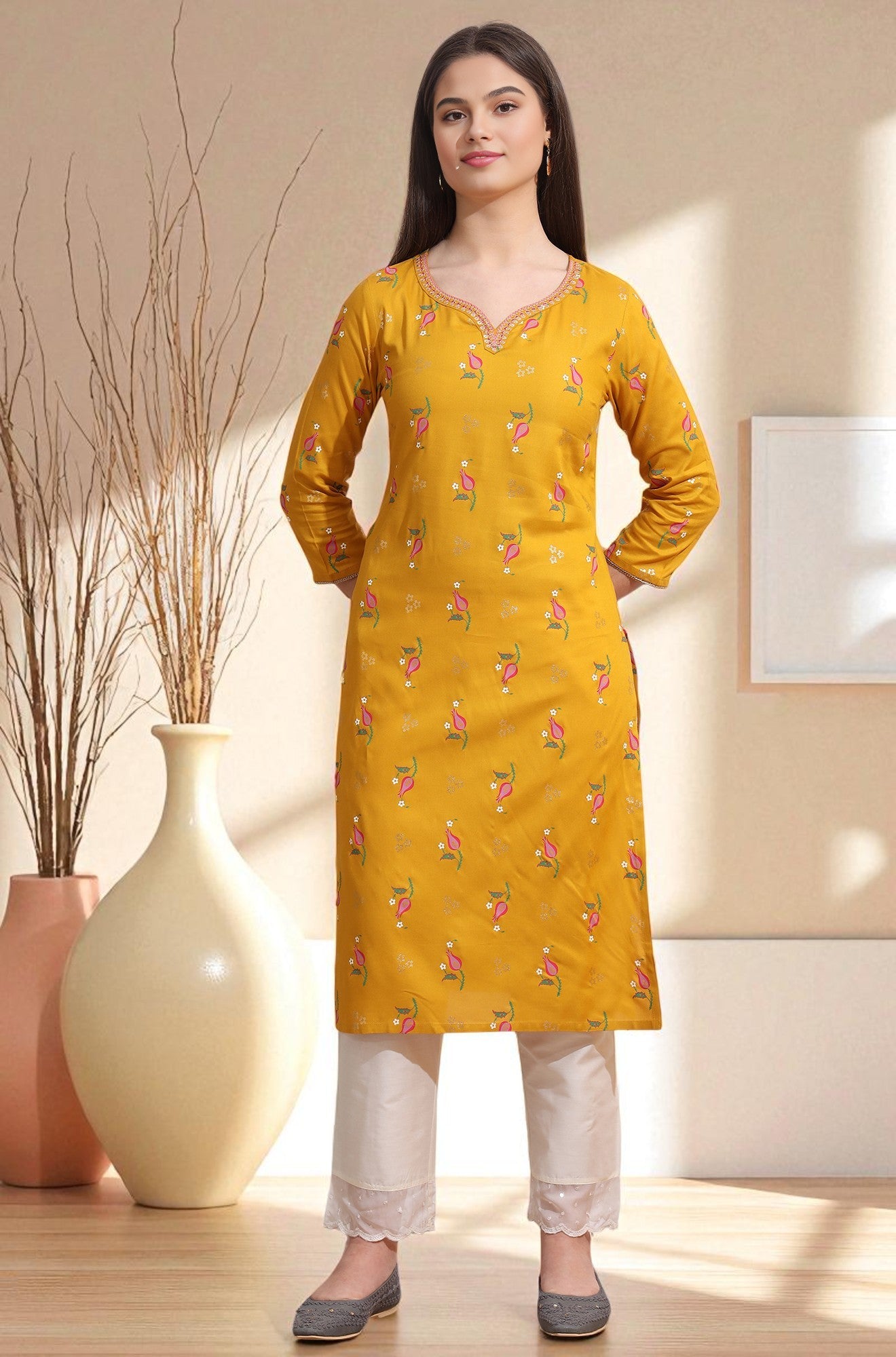 Deep Yellow Floral Printed Rayon Straight Kurta with Embroidered Neck