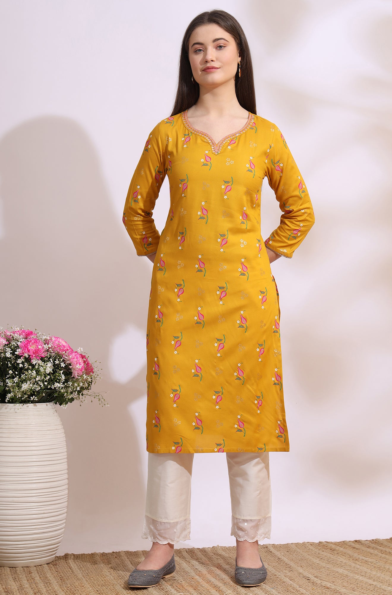 Deep Yellow Floral Printed Rayon Straight Kurta with Embroidered Neck