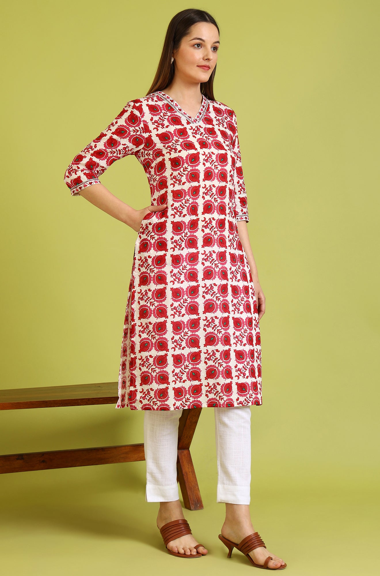 Floral Printed Straight Pure Cotton Kurta with Border Patch