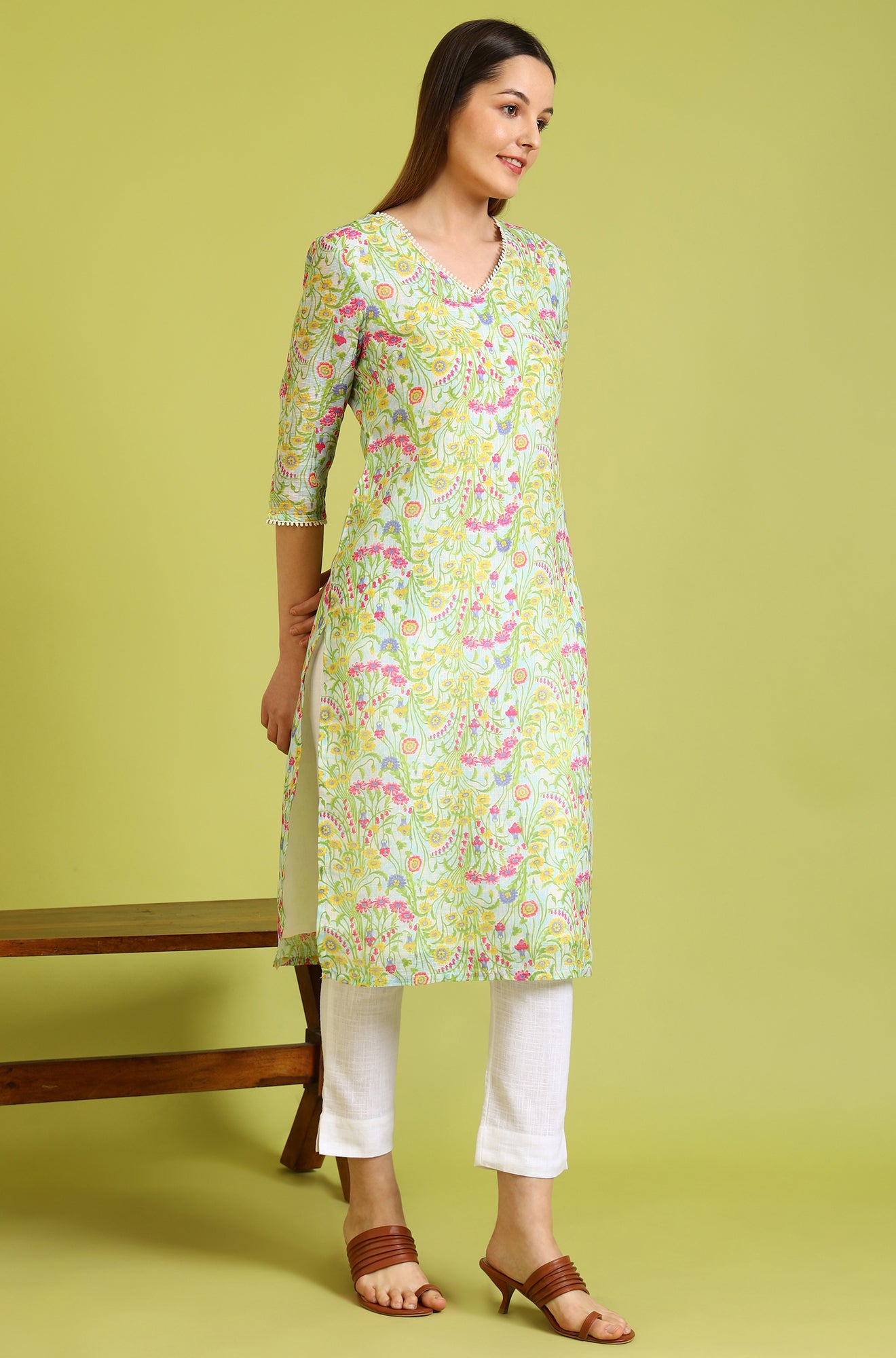 Floral Printed Lace Straight Pure Cotton Kurta