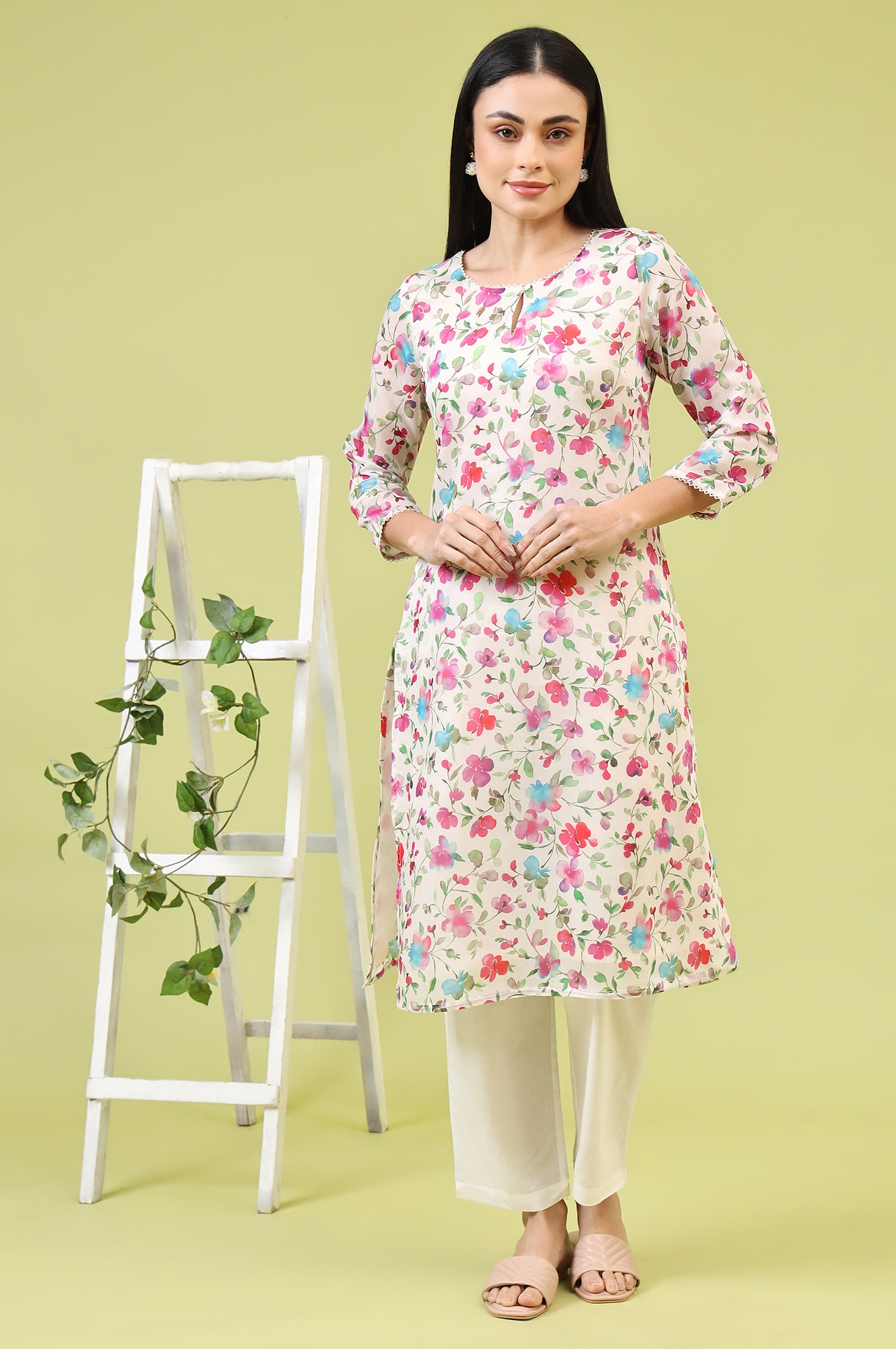 Off-White Straight Kurta in Multi-coloured Floral Print