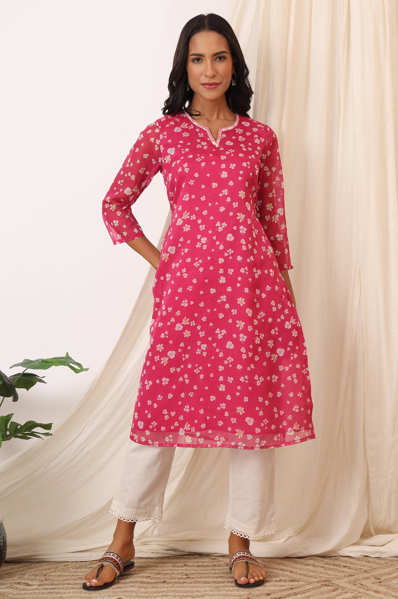 Pink Floral Printed Organza Straight Kurta