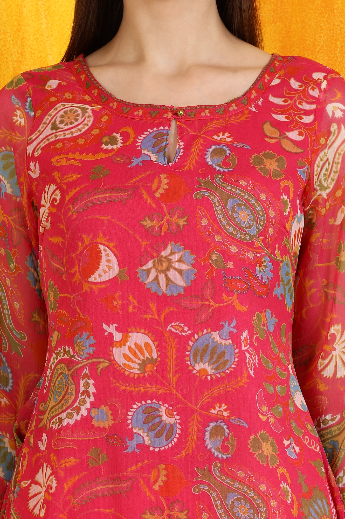 Pink Floral Printed Chiffon Straight Kurta