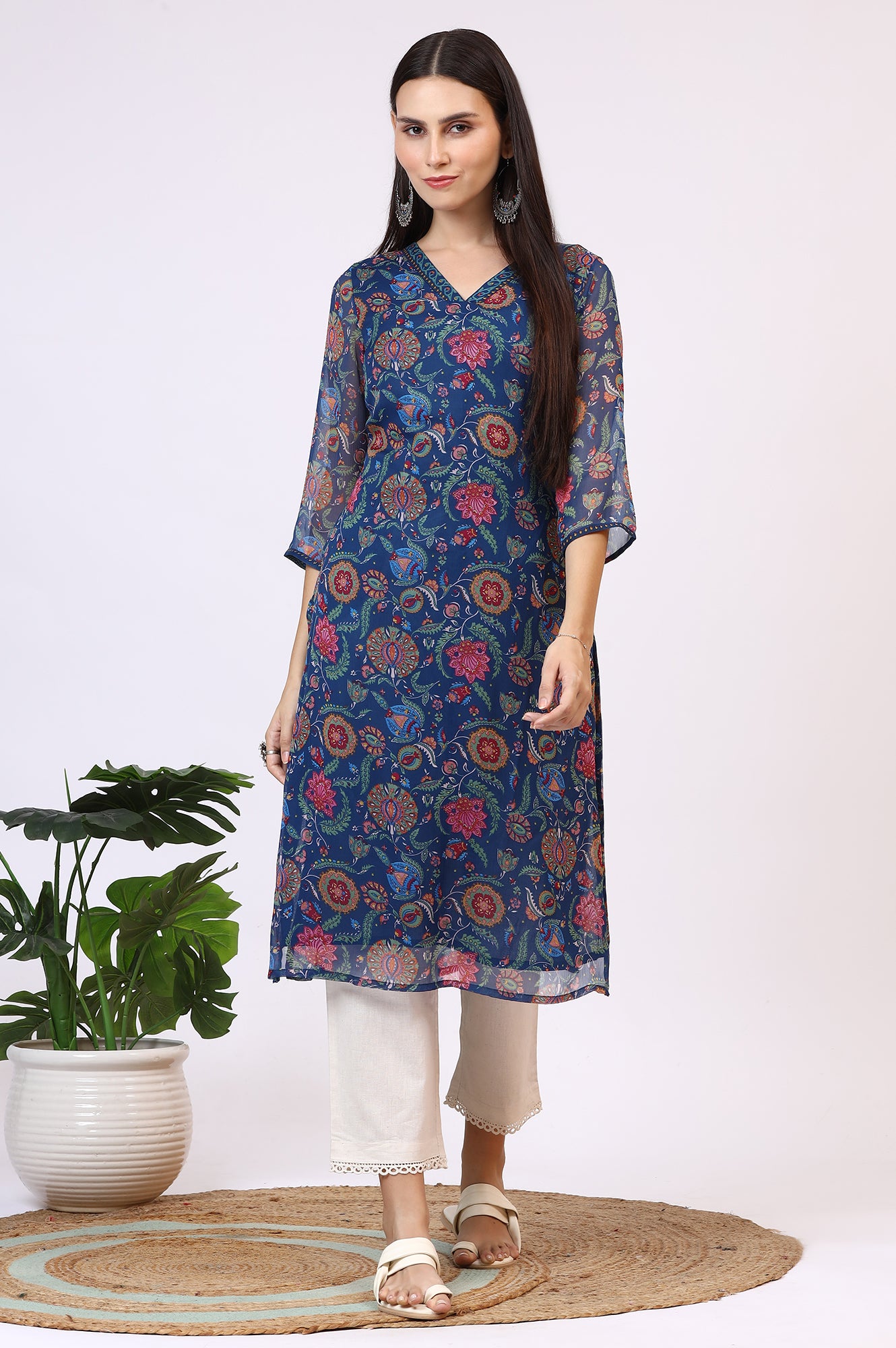 Blue Floral Printed Chiffon Straight Kurta