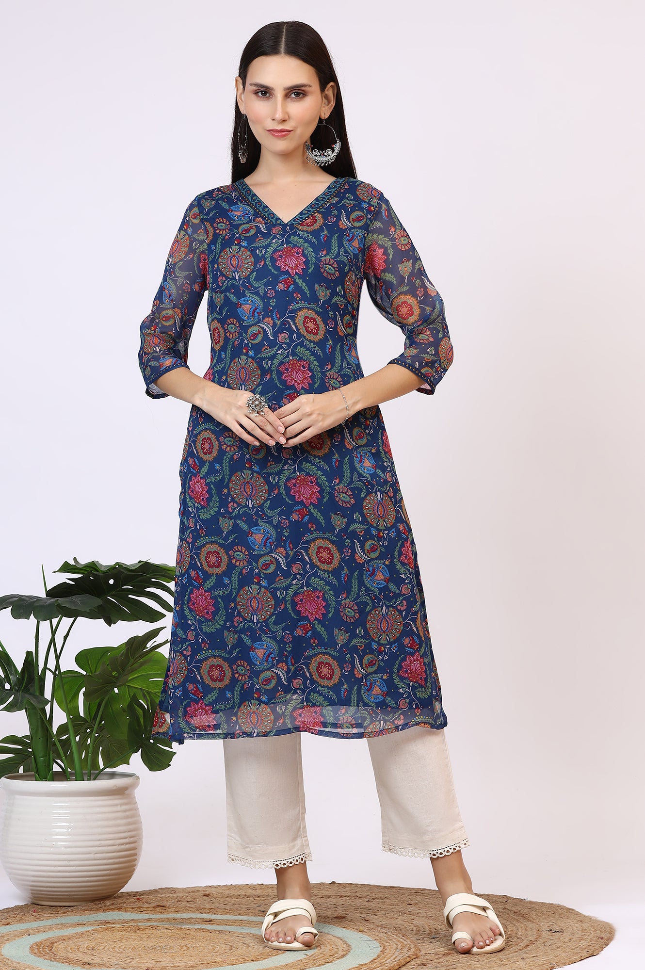 Blue Floral Printed Chiffon Straight Kurta