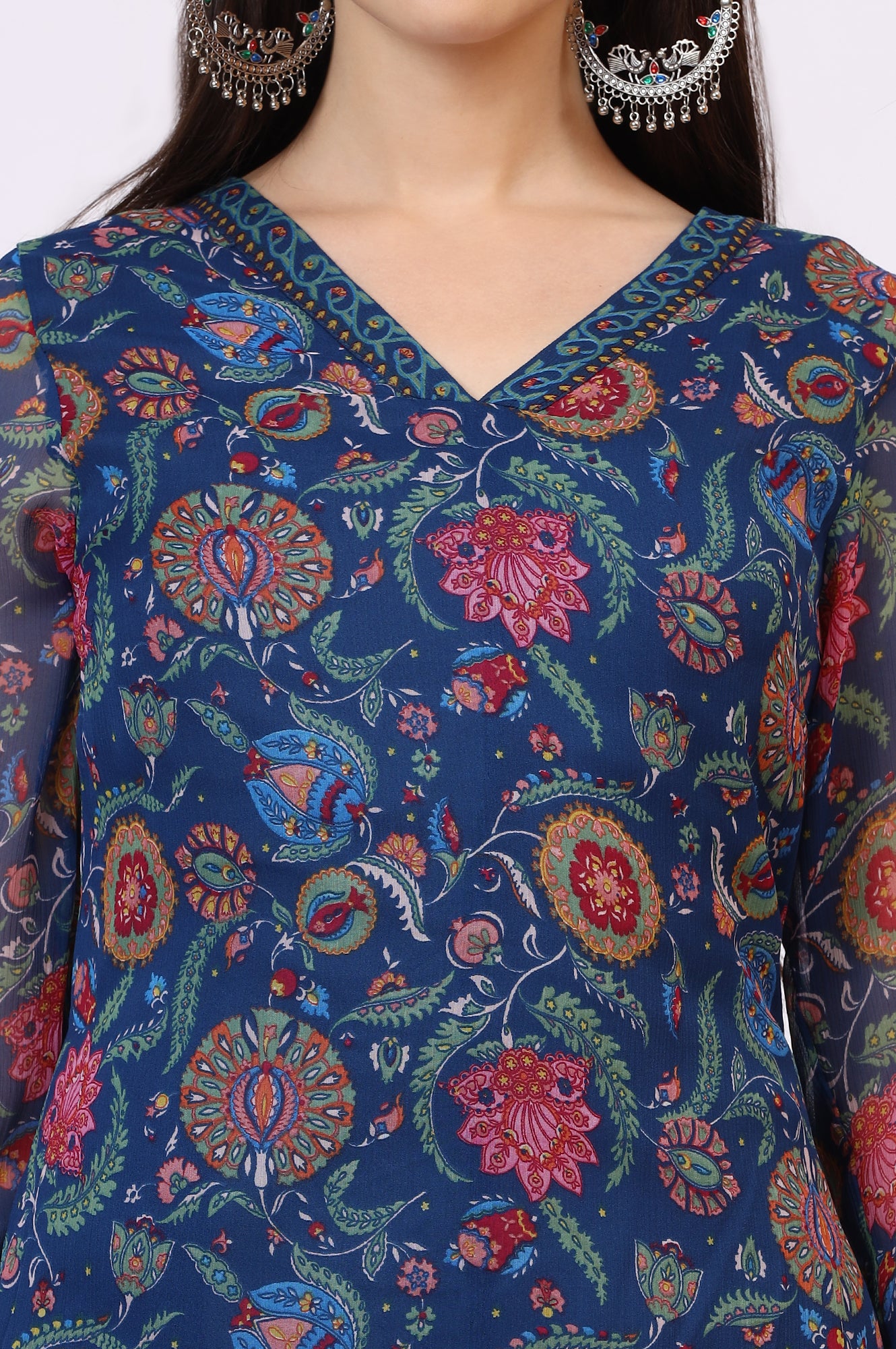 Blue Floral Printed Chiffon Straight Kurta