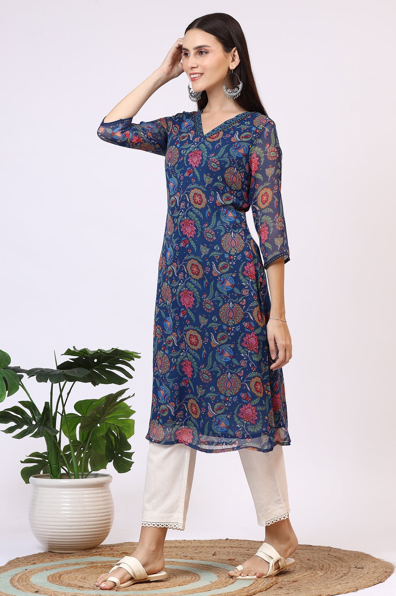 Blue Floral Printed Chiffon Straight Kurta