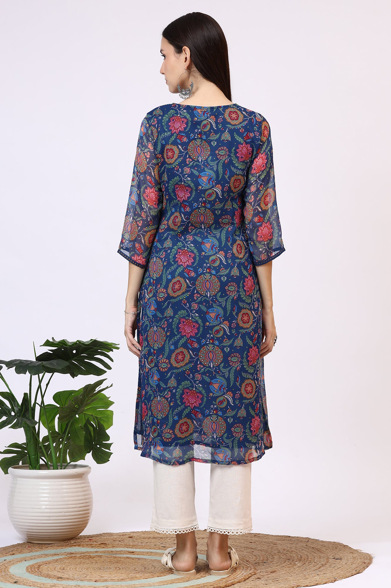 Blue Floral Printed Chiffon Straight Kurta