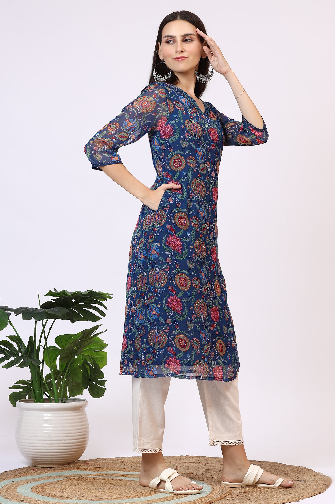 Blue Floral Printed Chiffon Straight Kurta