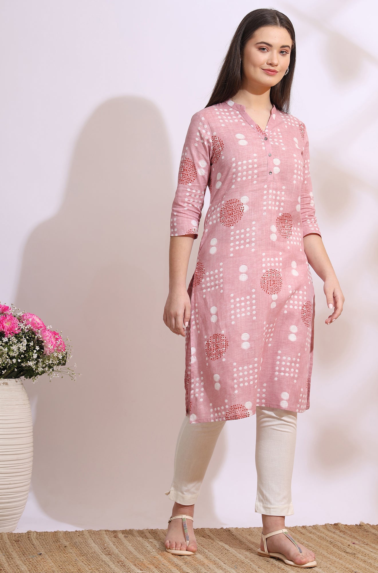 Pink Bold Geometric Printed Pure Cotton Straight Kurta