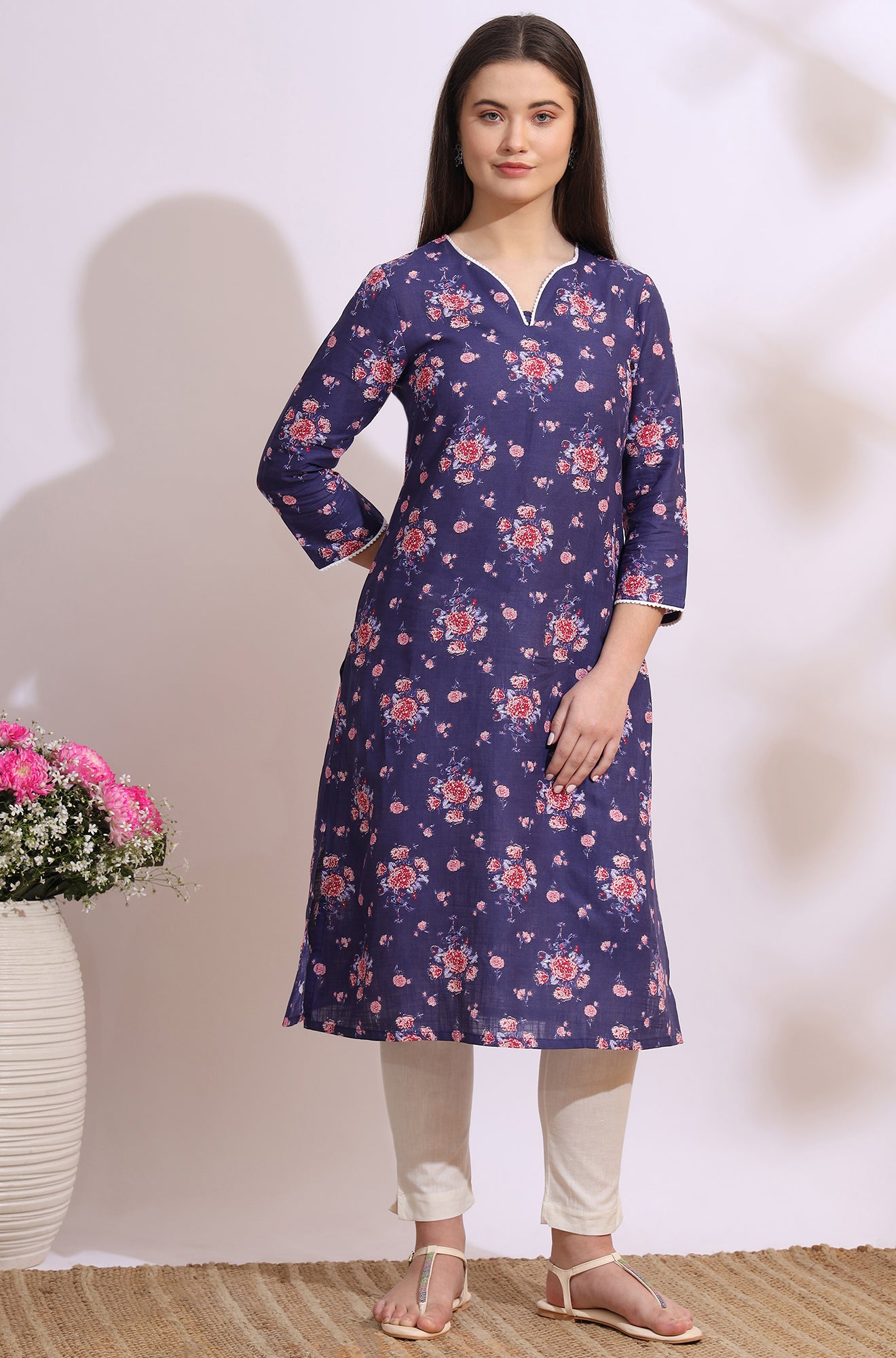 Purple Bold Floral Printed Cotton Cambric Straight Kurta