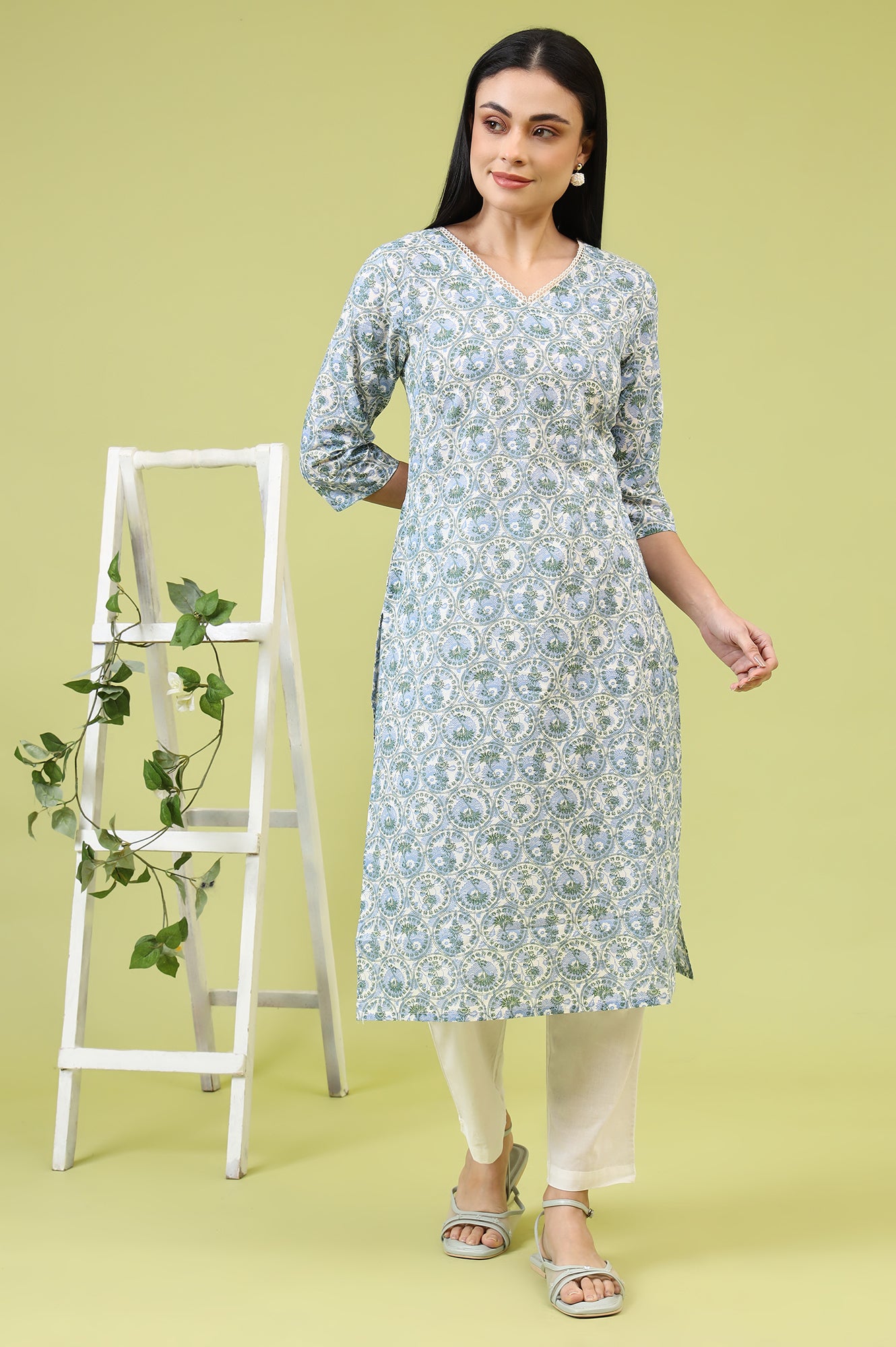White and Blue Geometric Printed Pure Cotton Straight Kurta with Lace Detail