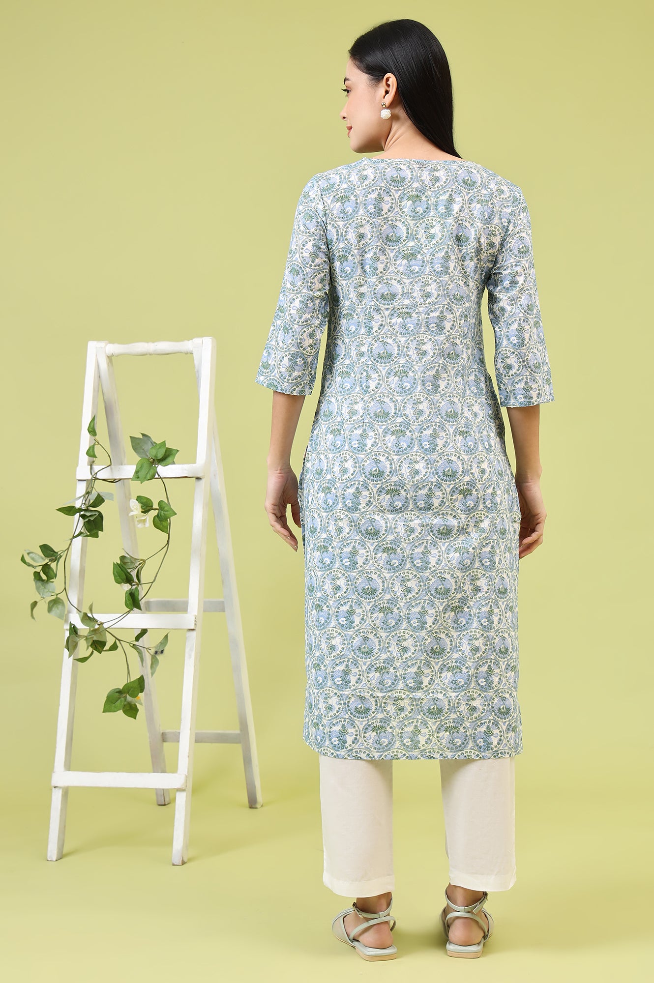 White and Blue Geometric Printed Pure Cotton Straight Kurta with Lace Detail