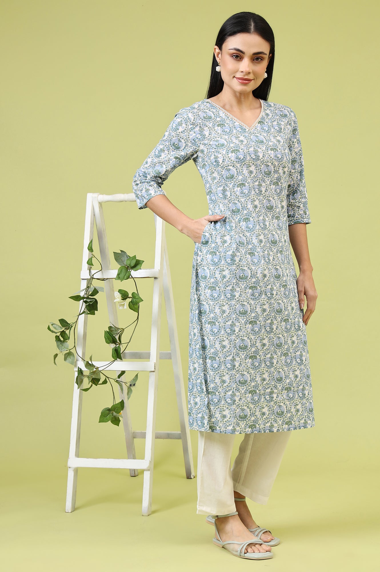 White and Blue Geometric Printed Pure Cotton Straight Kurta with Lace Detail