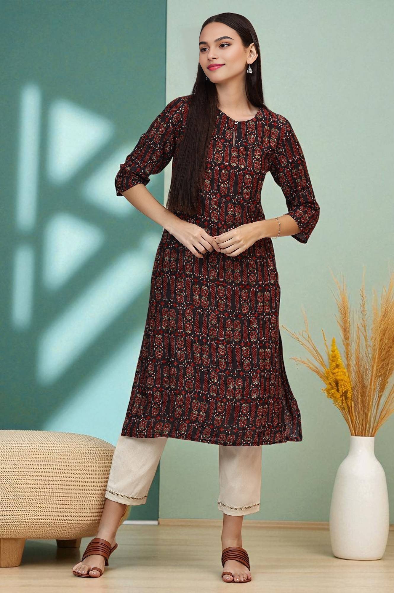 Dark Brown Paisley Printed Modal Straight Kurta
