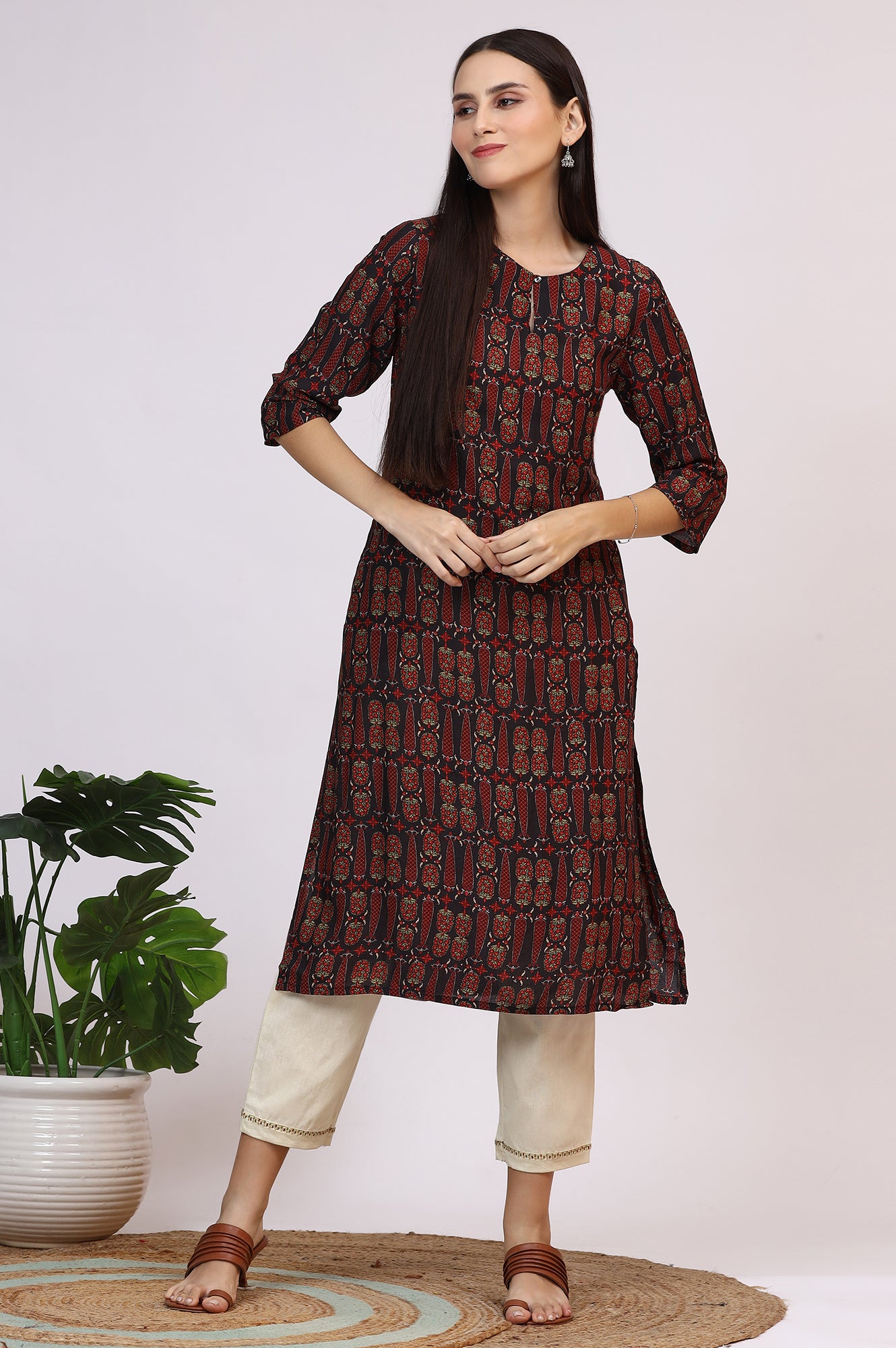 Dark Brown Paisley Printed Modal Straight Kurta