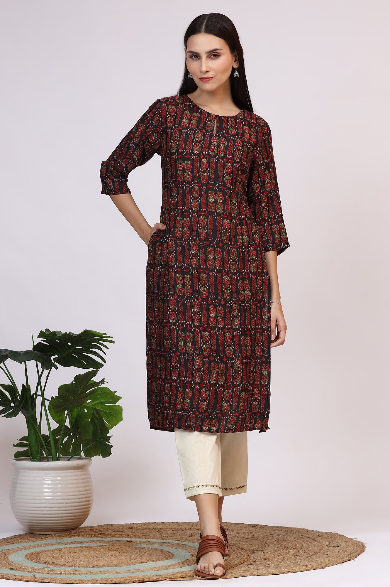 Dark Brown Paisley Printed Modal Straight Kurta