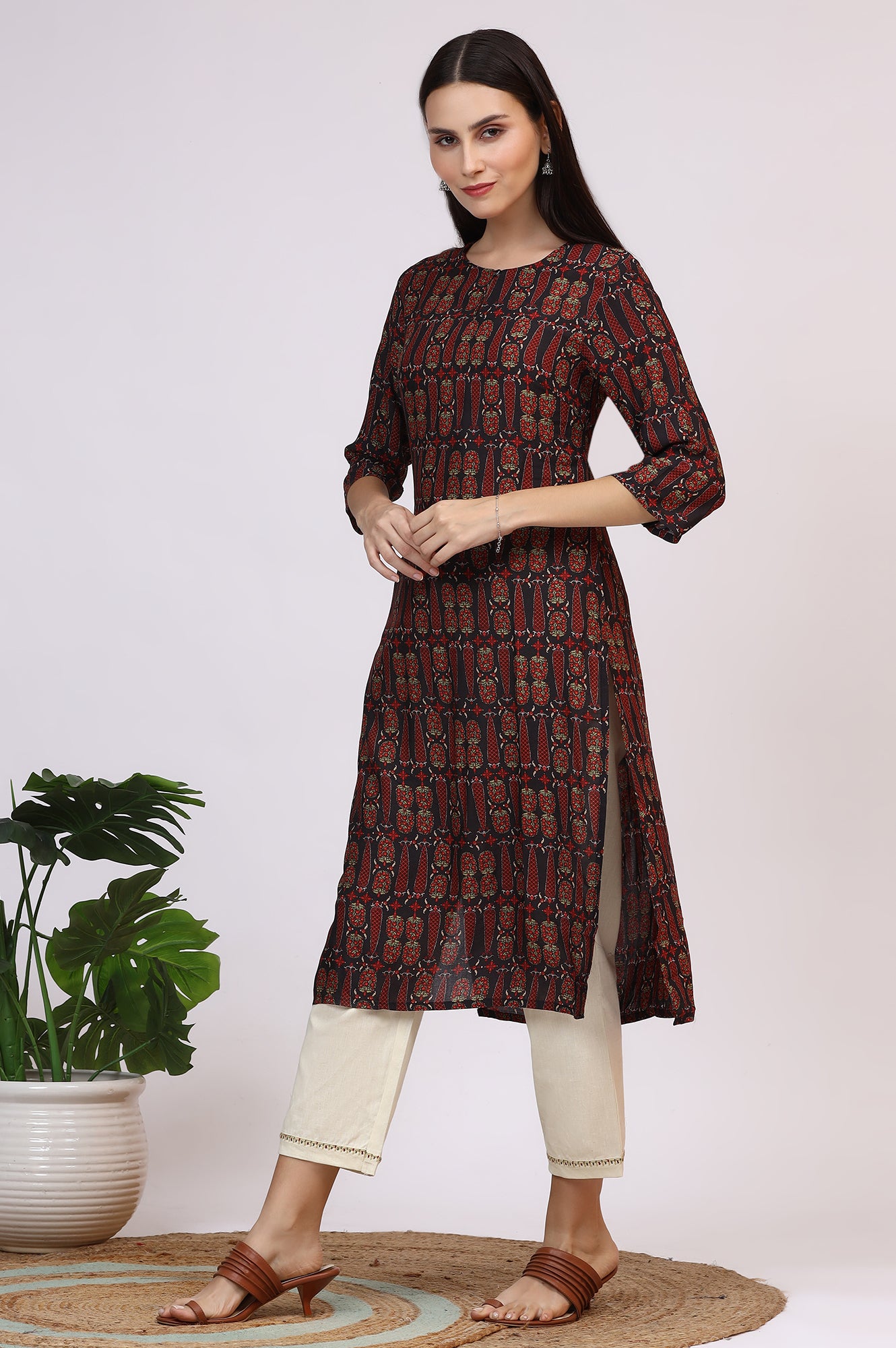Dark Brown Paisley Printed Modal Straight Kurta