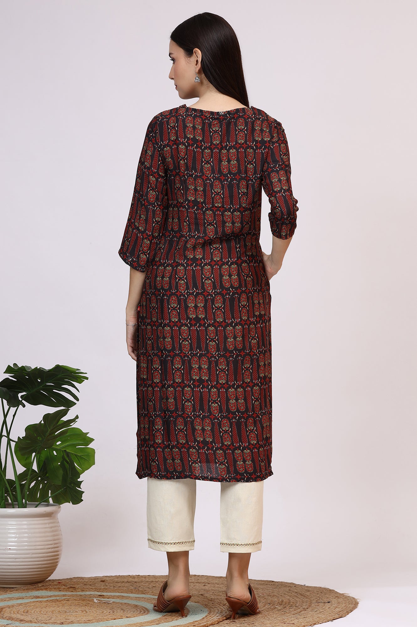 Dark Brown Paisley Printed Modal Straight Kurta
