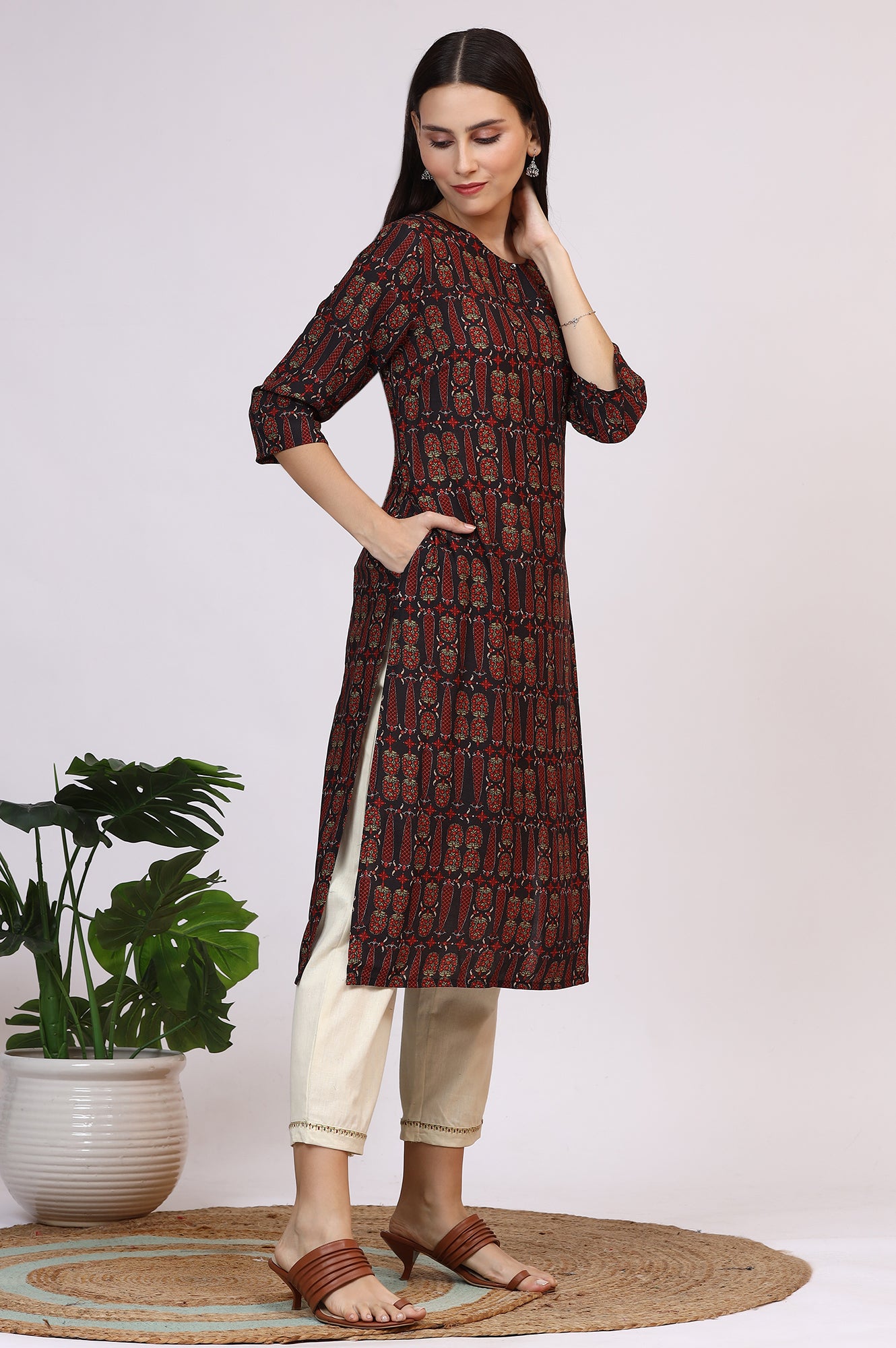 Dark Brown Paisley Printed Modal Straight Kurta