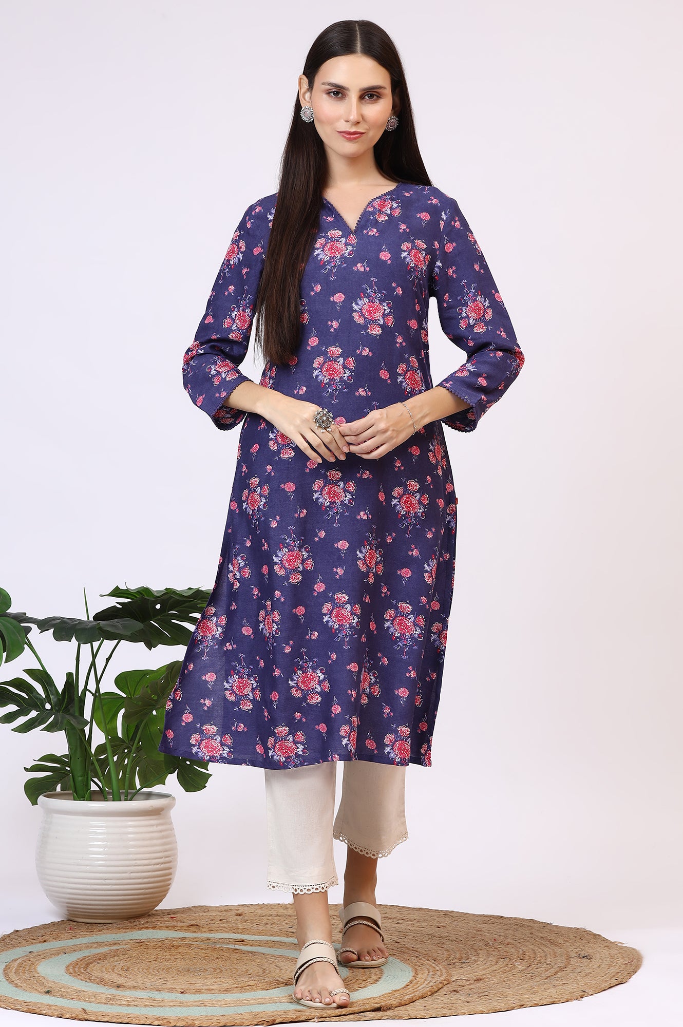 Purple Floral Printed Straight Kurta with Lace
