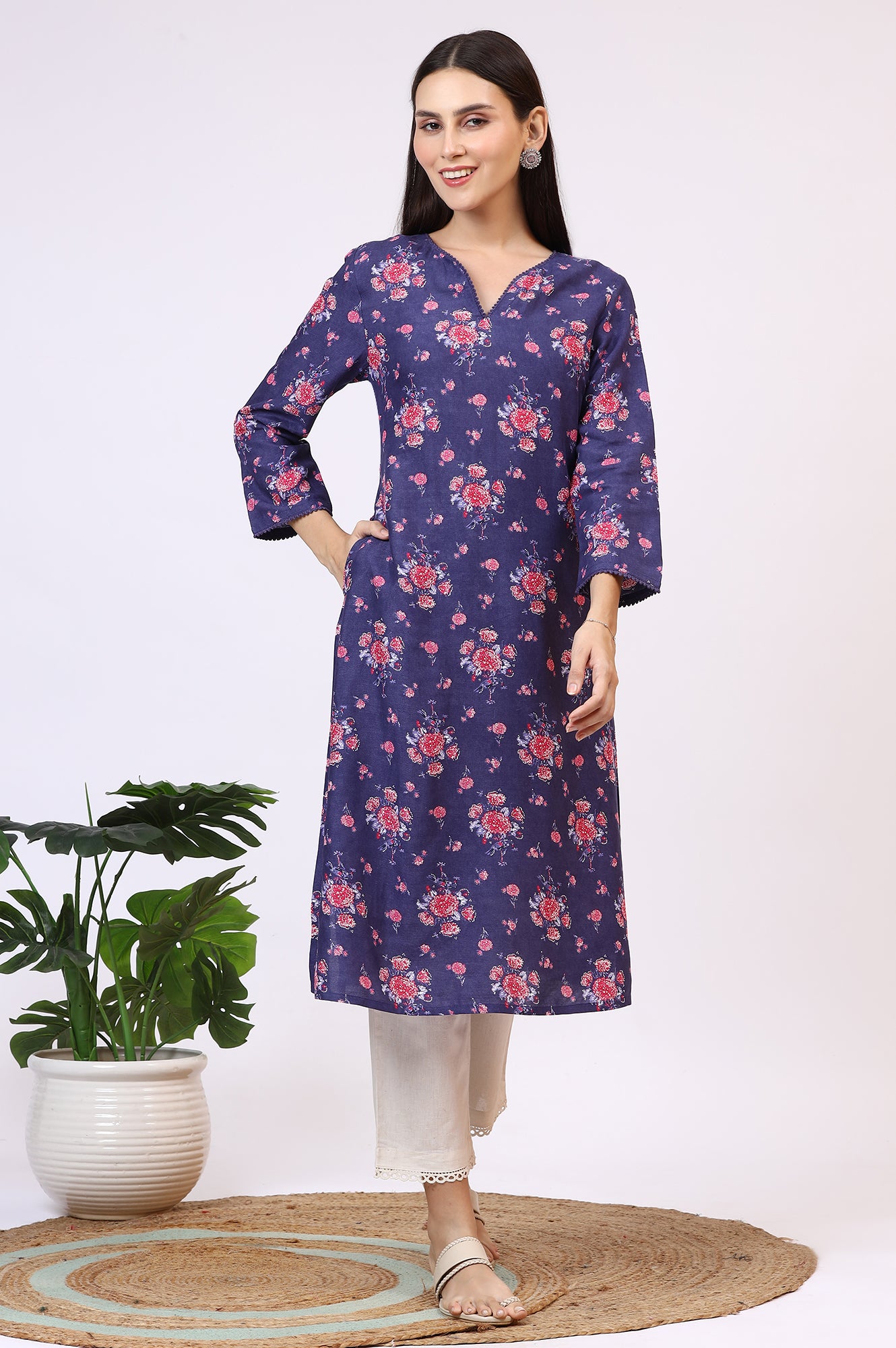 Purple Floral Printed Straight Kurta with Lace