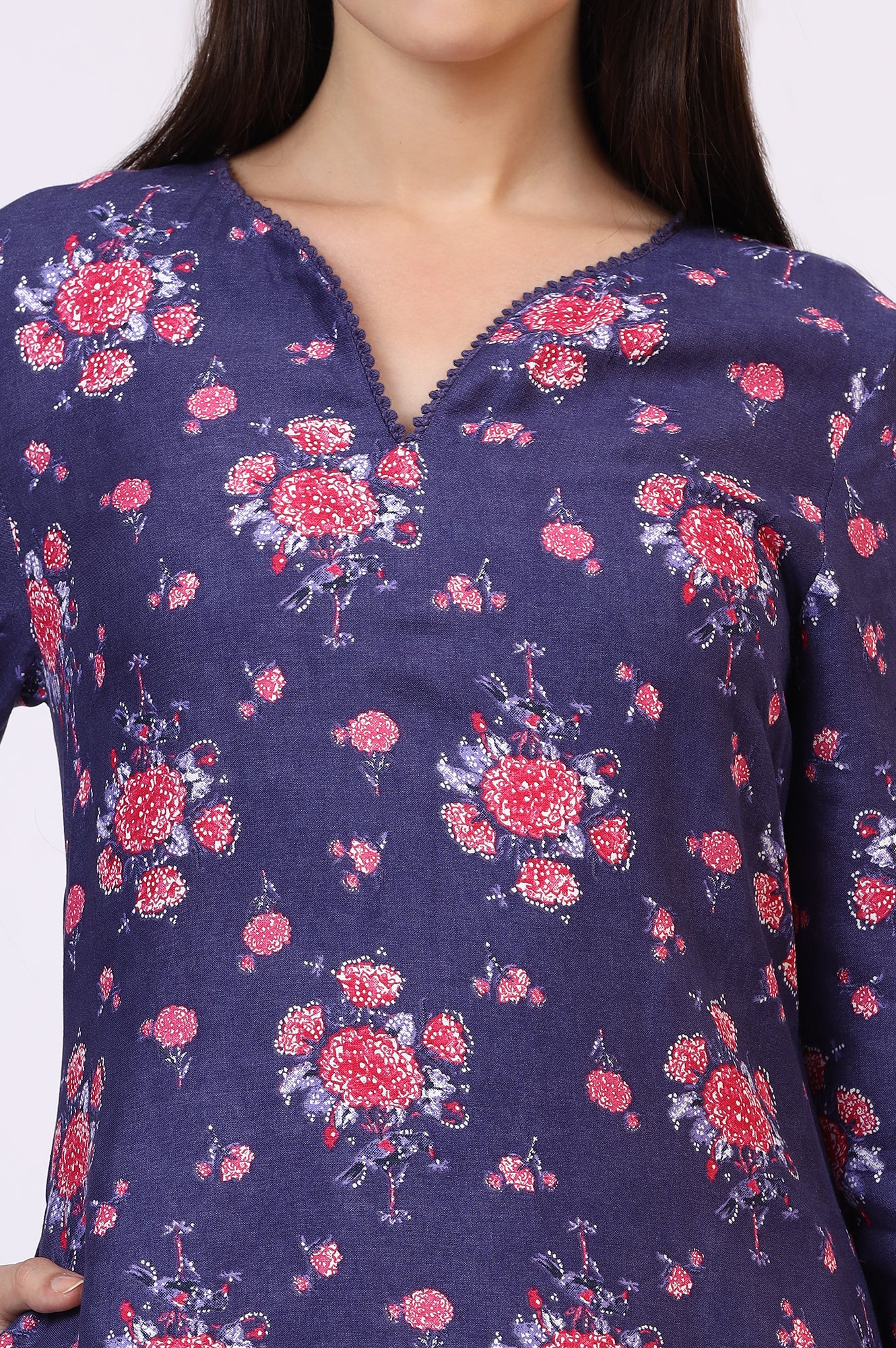 Purple Floral Printed Straight Kurta with Lace