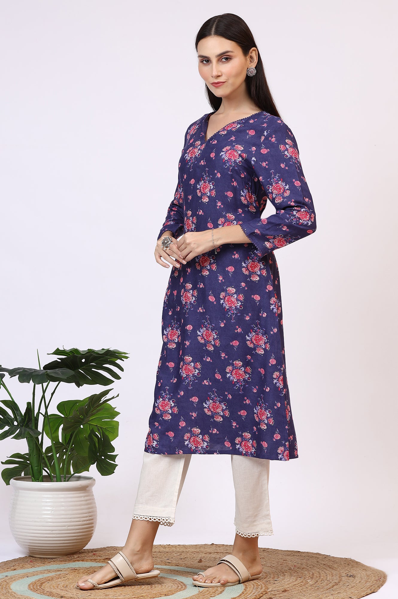 Purple Floral Printed Straight Kurta with Lace