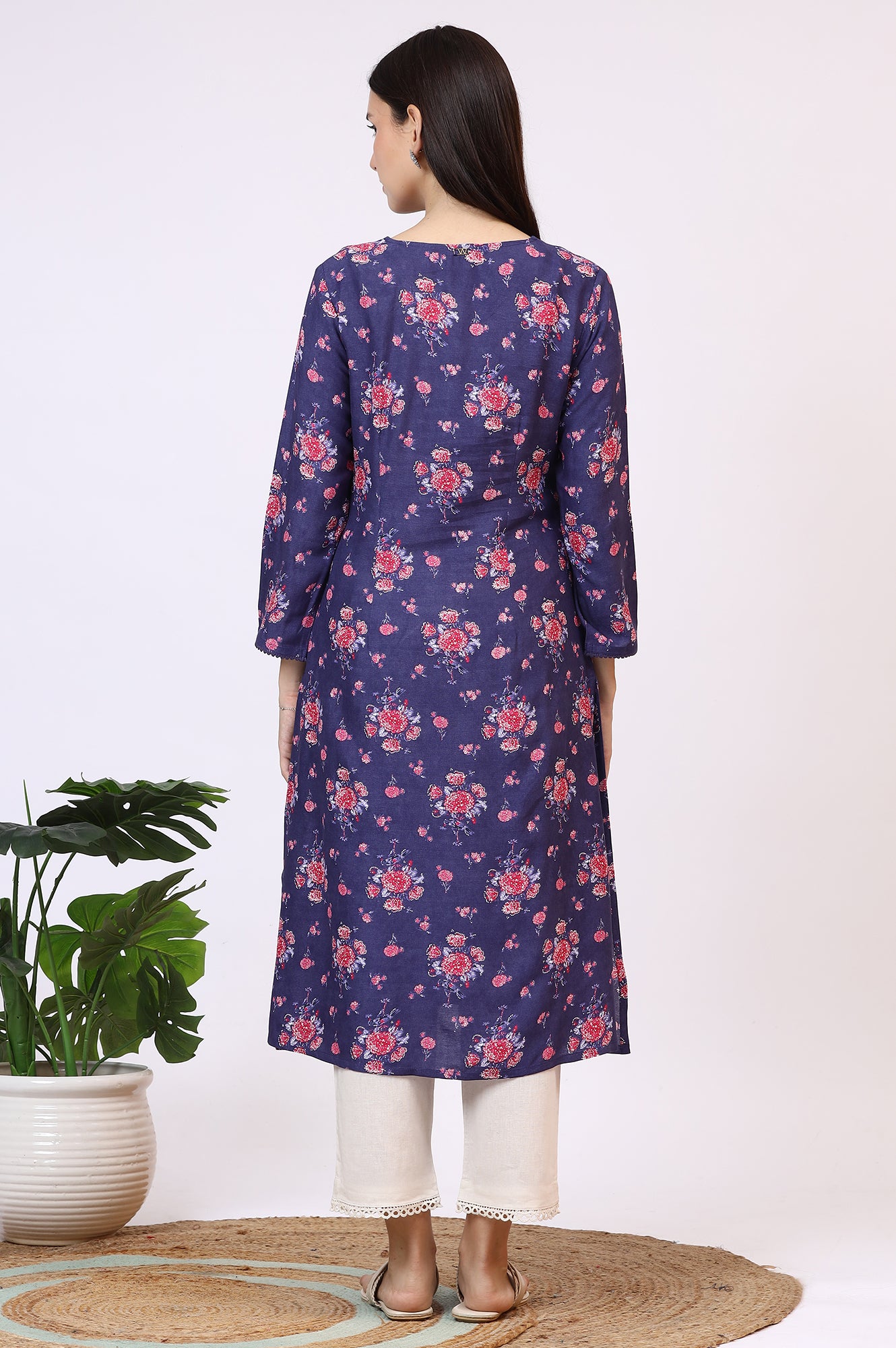 Purple Floral Printed Straight Kurta with Lace