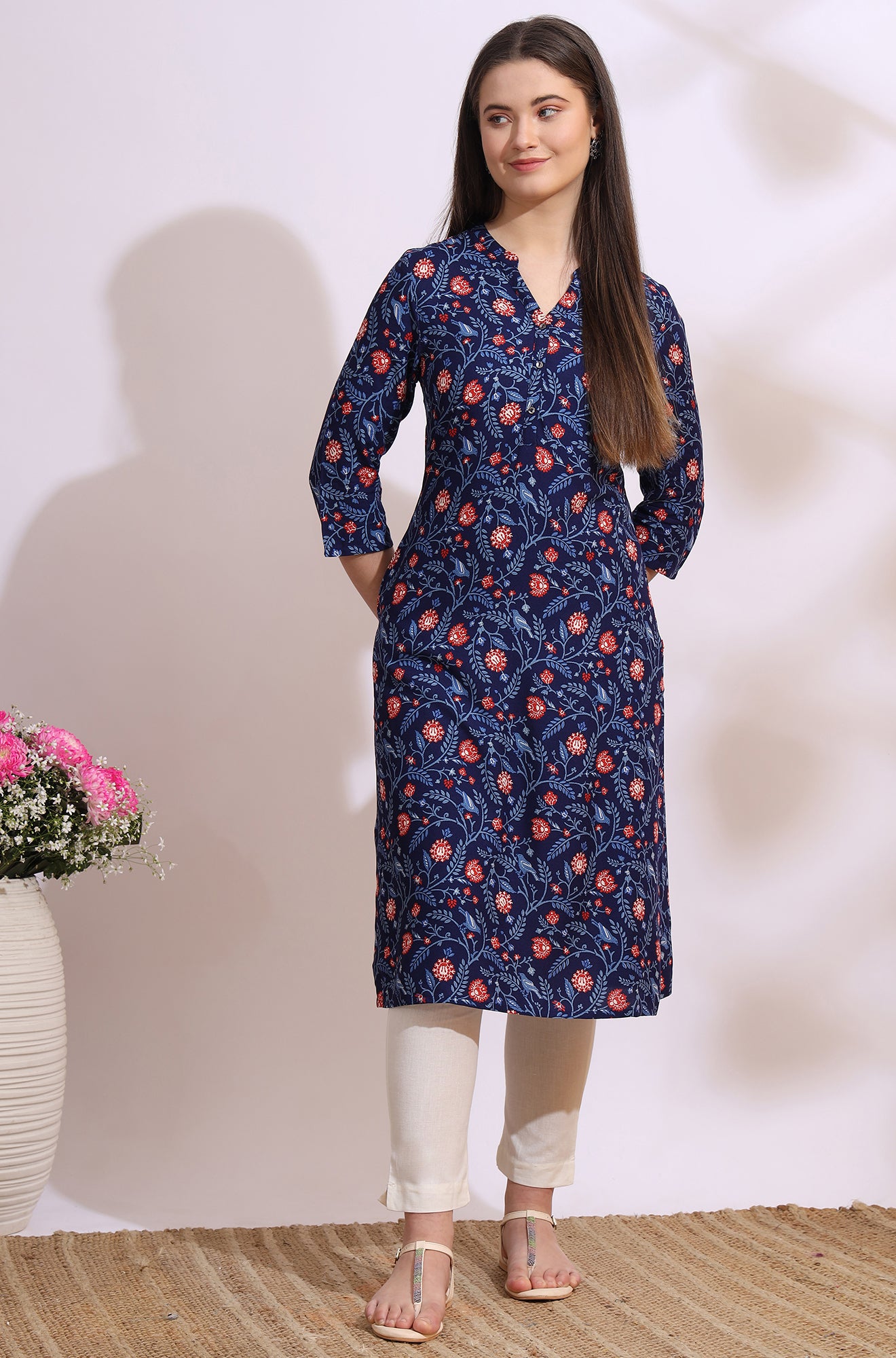 Blue Bold Floral Printed Cotton Cambric Straight Kurta