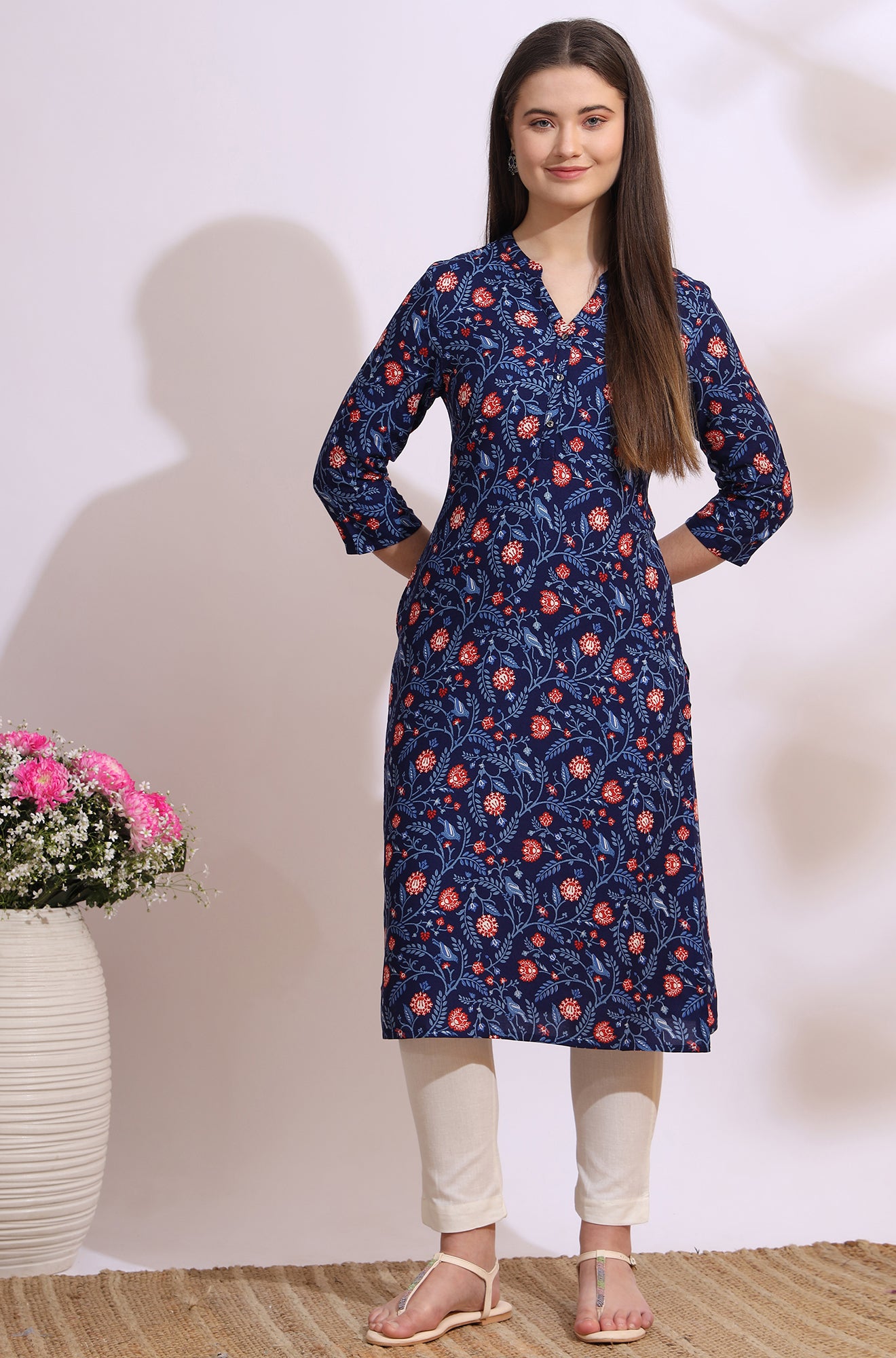 Blue Bold Floral Printed Cotton Cambric Straight Kurta