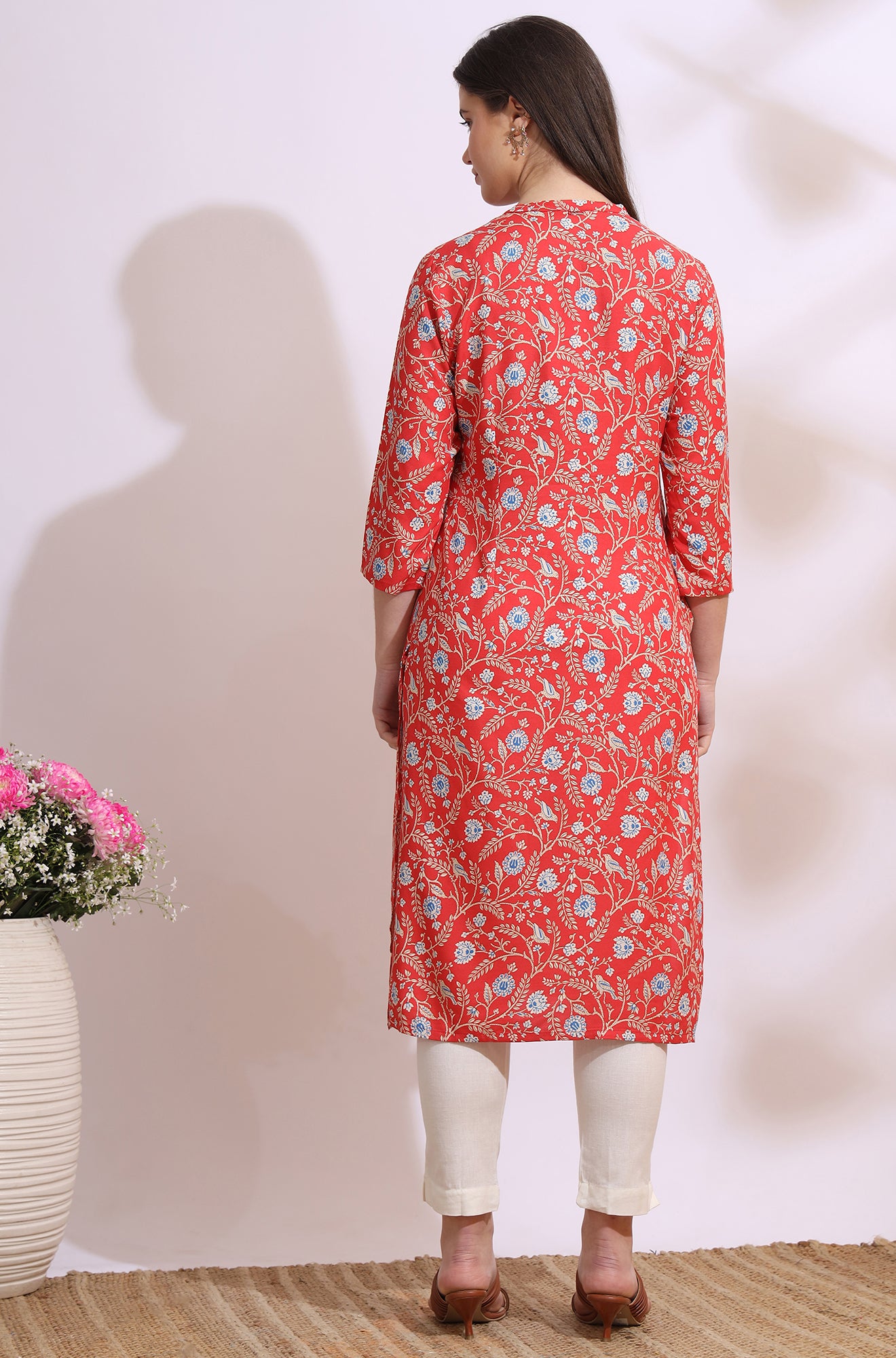 Orange Bold Floral Printed Cotton Cambric Straight Kurta