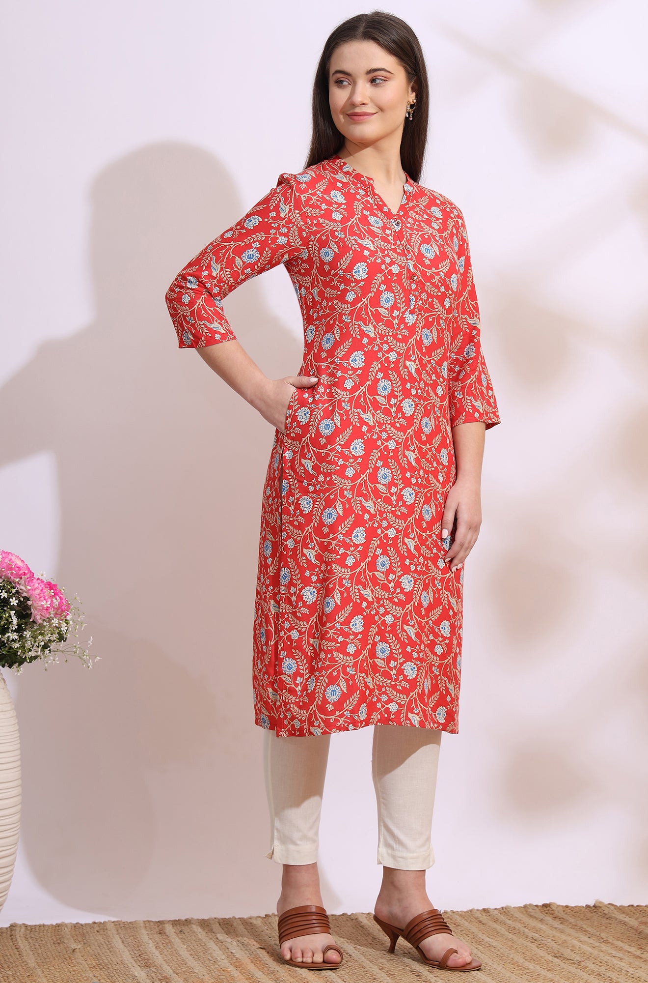 Orange Bold Floral Printed Cotton Cambric Straight Kurta