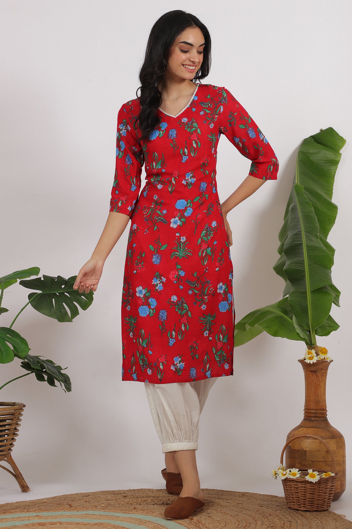 Red Bold Floral Printed Modal Straight Kurta