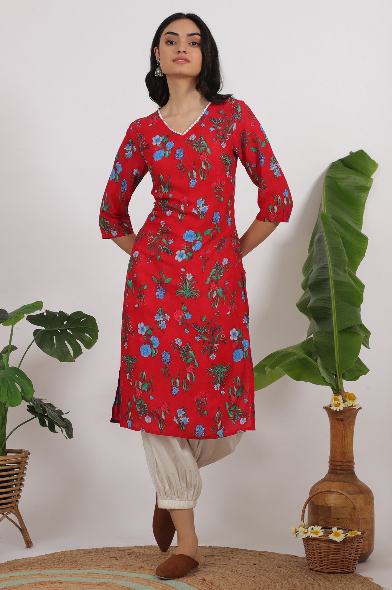 Red Bold Floral Printed Modal Straight Kurta