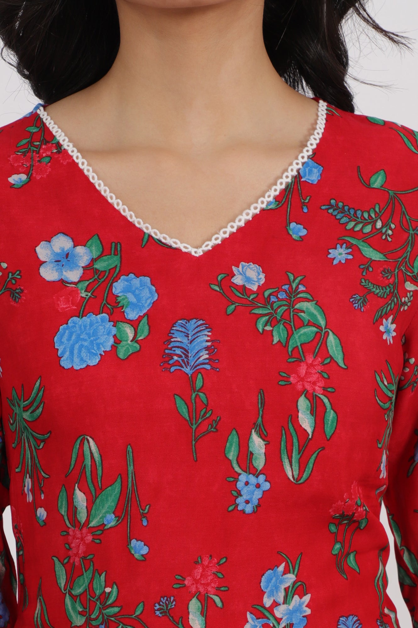 Red Bold Floral Printed Modal Straight Kurta