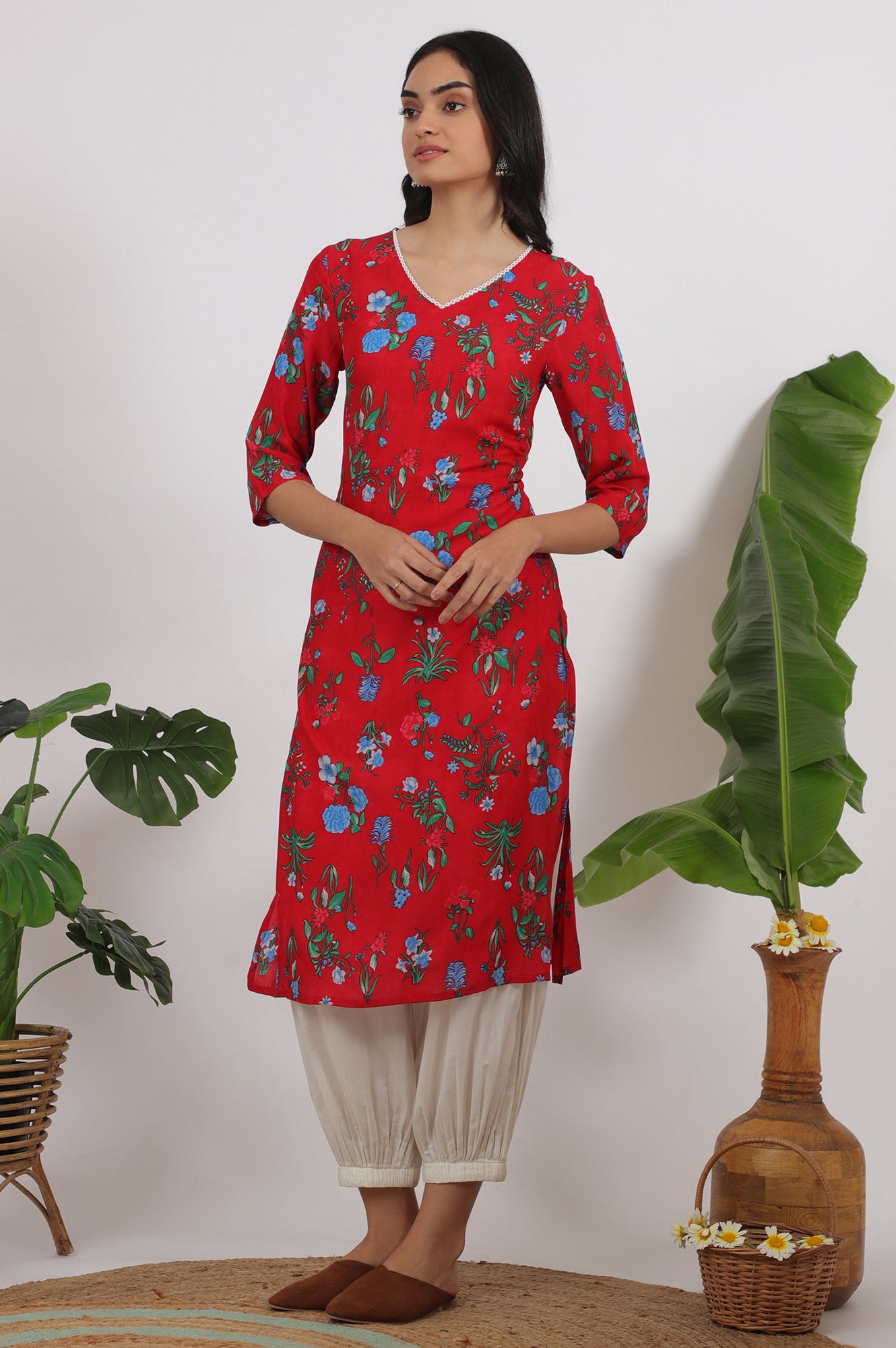 Red Bold Floral Printed Modal Straight Kurta