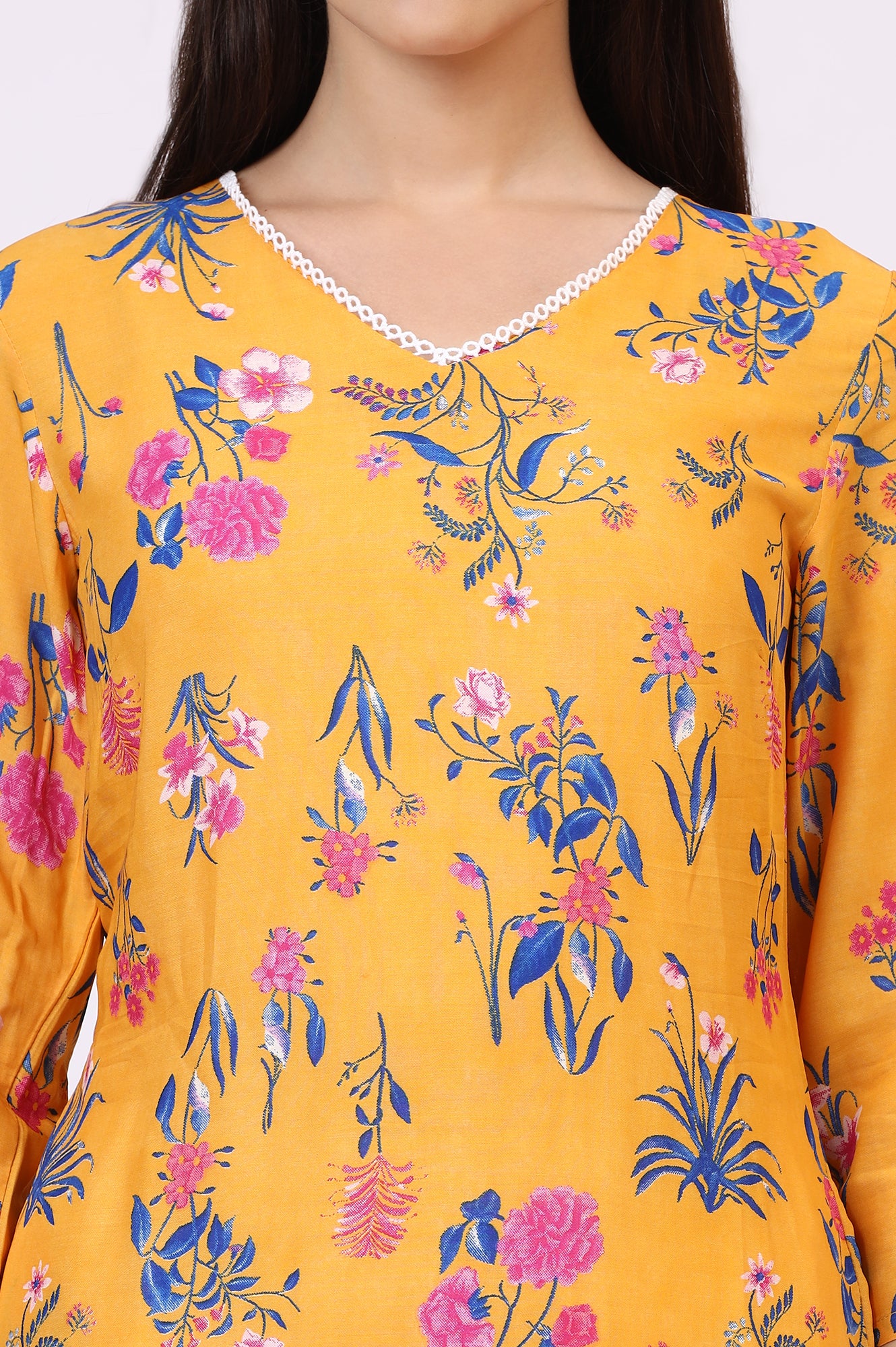 Yellow Floral Printed Modal Straight Kurta with Lace