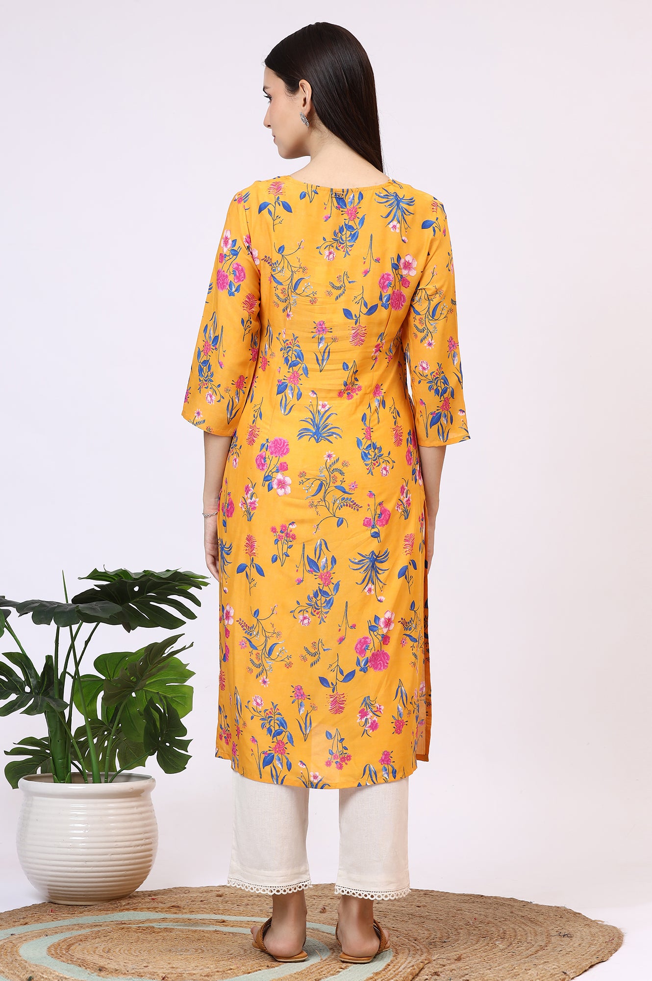 Yellow Floral Printed Modal Straight Kurta with Lace