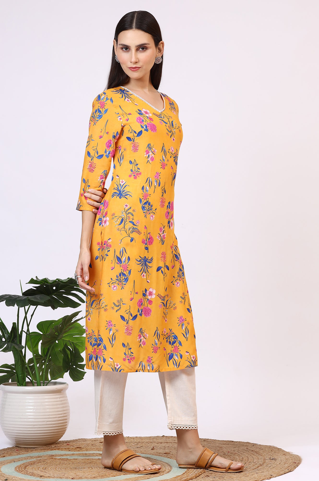 Yellow Floral Printed Modal Straight Kurta with Lace